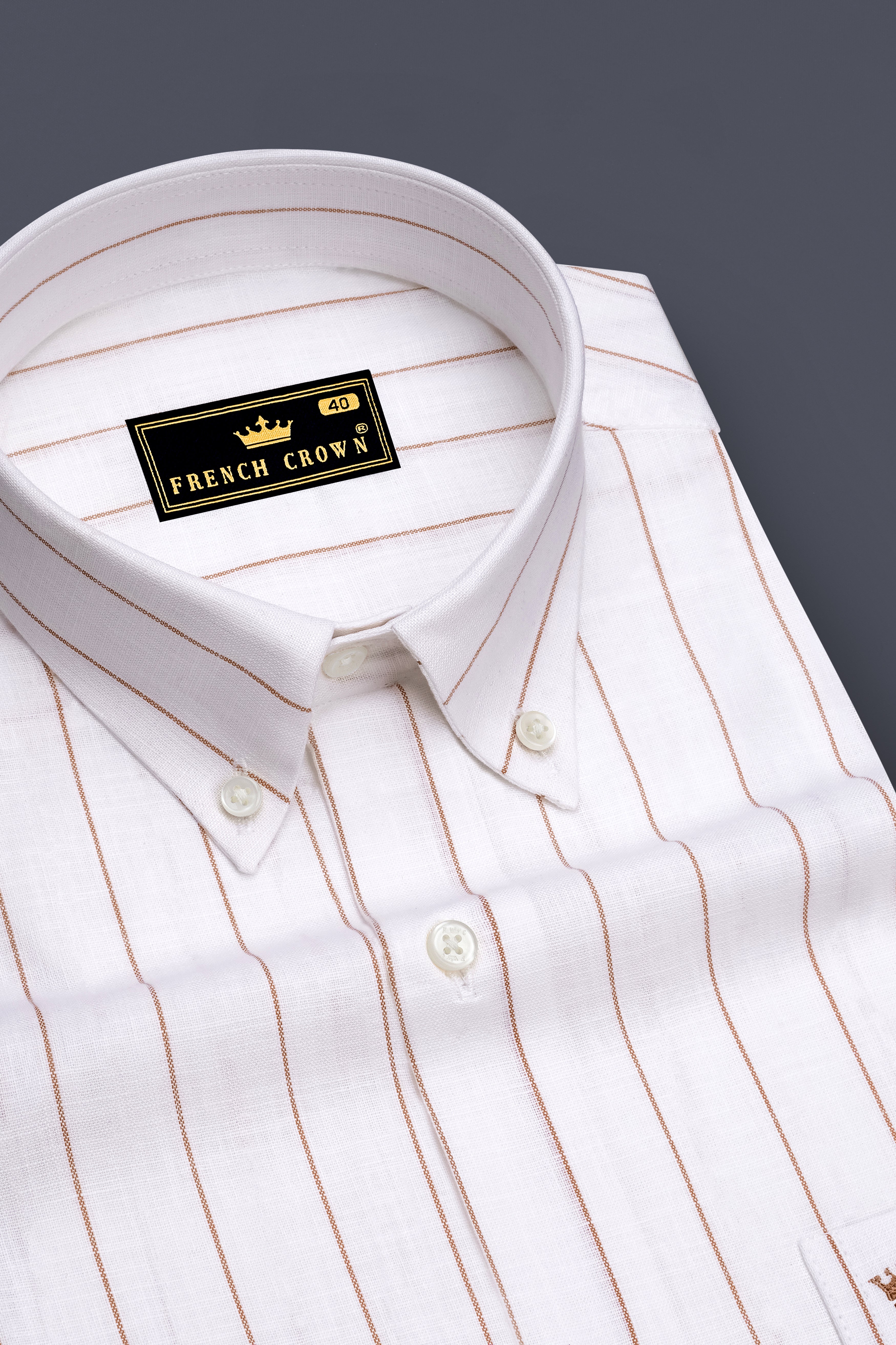 Echelon-Bright White And Mocha Brown Pin Striped Luxurious Linen Button Down Dress Shirt