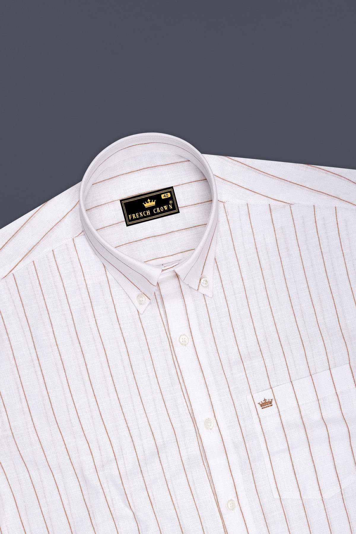 Echelon-Bright White And Mocha Brown Pin Striped Luxurious Linen Button Down Dress Shirt