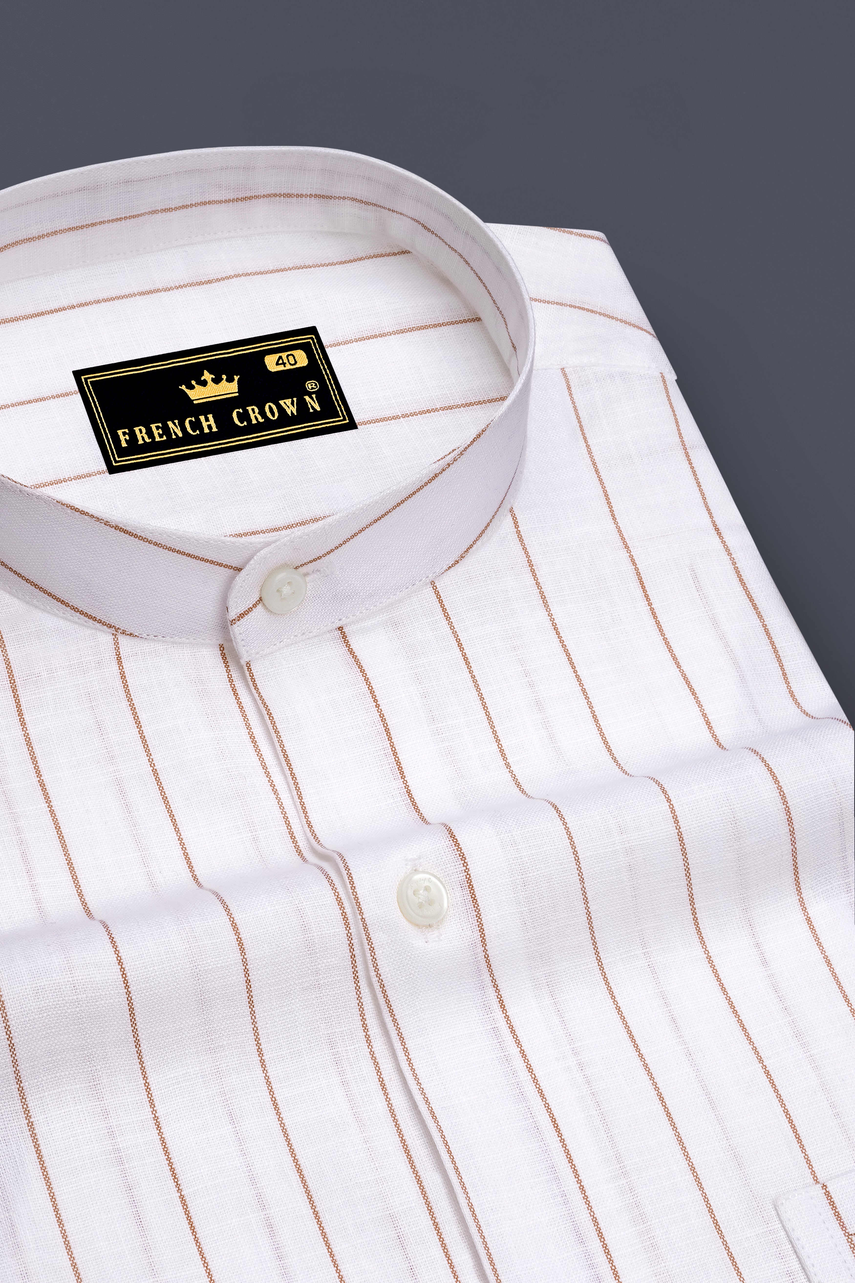 Echelon-Bright White And Mocha Brown Pin Striped Luxurious Linen Mandarin Casual Shirt