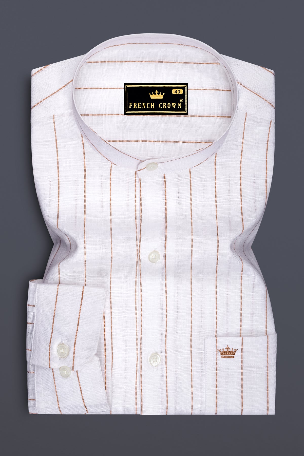 Echelon-Bright White And Mocha Brown Pin Striped Luxurious Linen Mandarin Casual Shirt