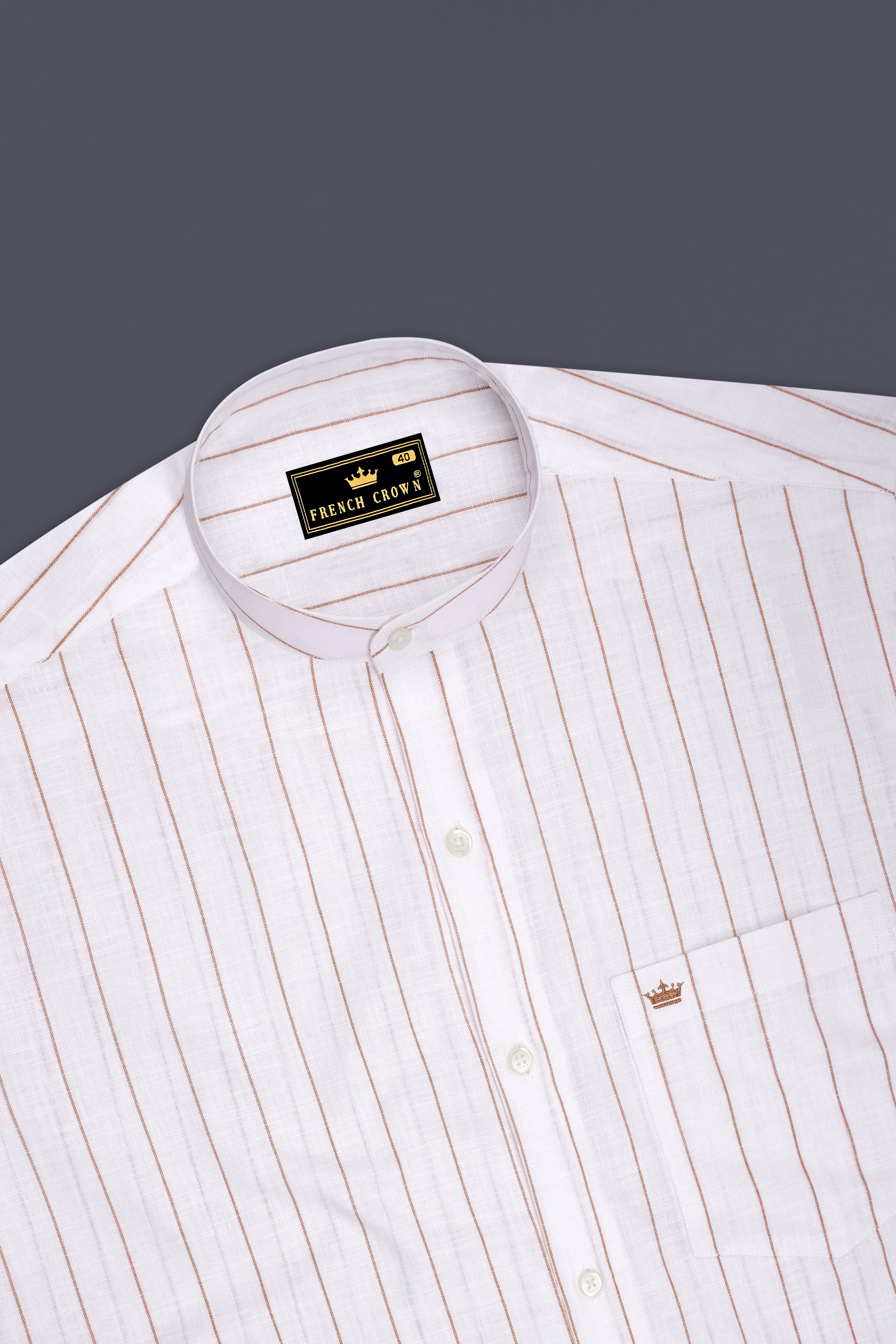 Echelon-Bright White And Mocha Brown Pin Striped Luxurious Linen Mandarin Casual Shirt