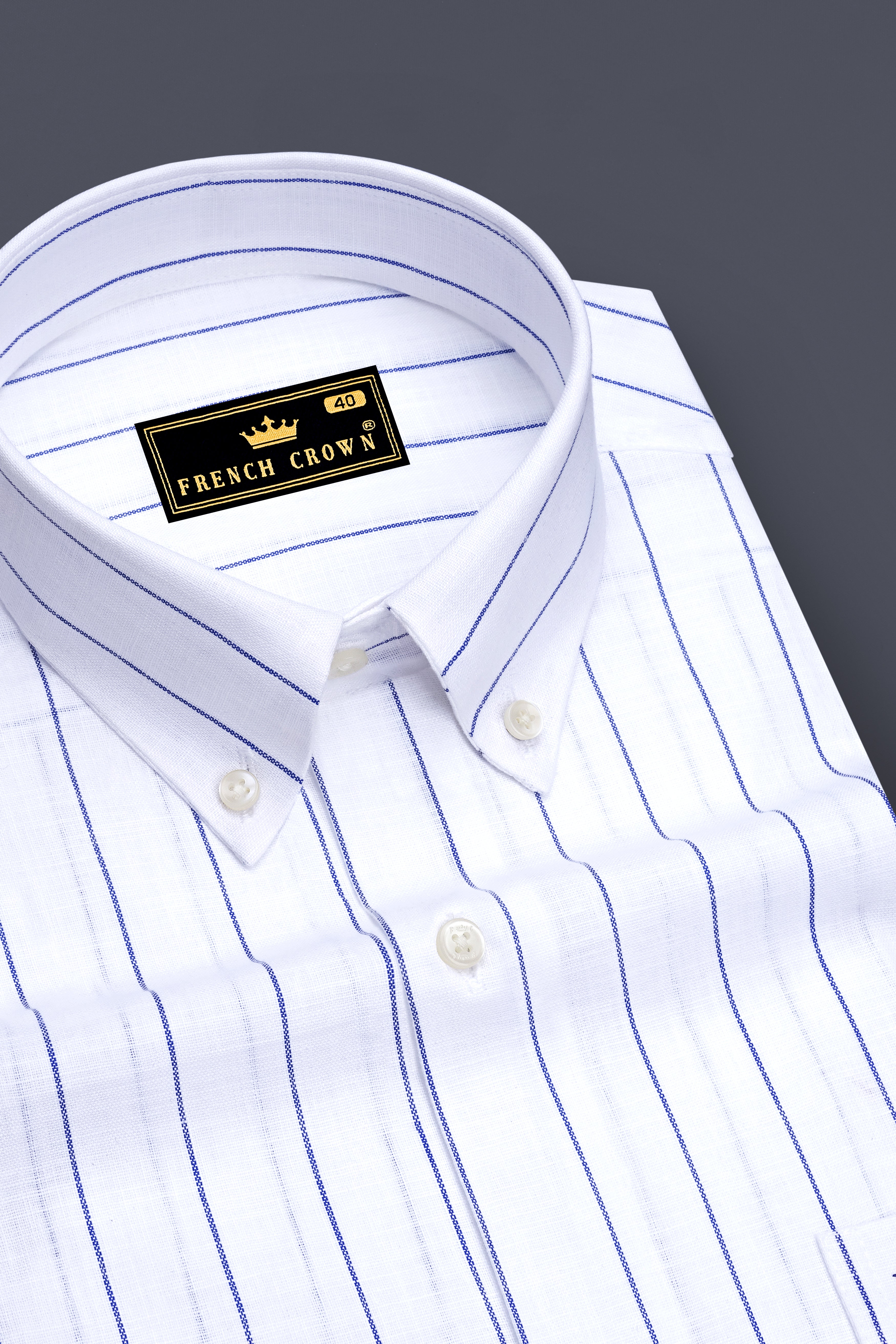 Sartorial-Bright White And Fiord Blue Pin Striped Luxurious Linen Button Down Dress Shirts