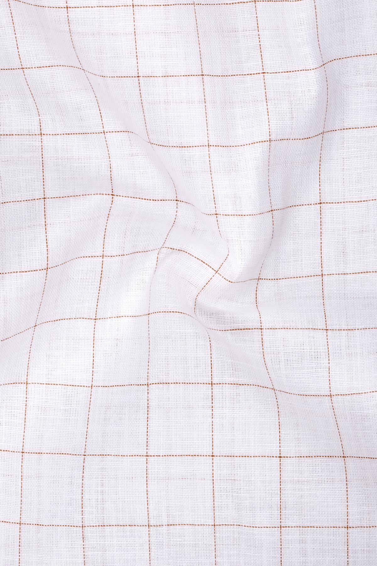 Soleil-Bright White And Leather Orange Windowpane Luxurious Linen Mandarin Casual Shirt