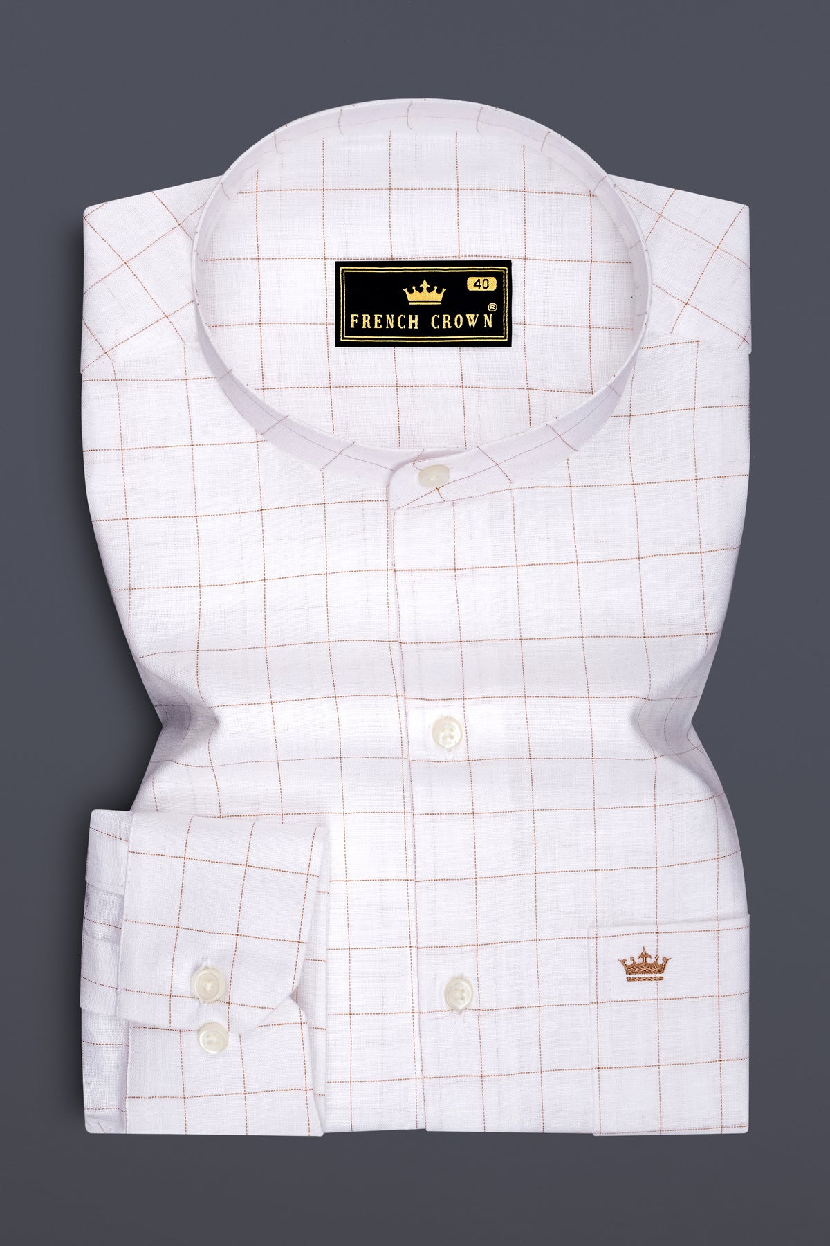 Soleil-Bright White And Leather Orange Windowpane Luxurious Linen Mandarin Casual Shirt