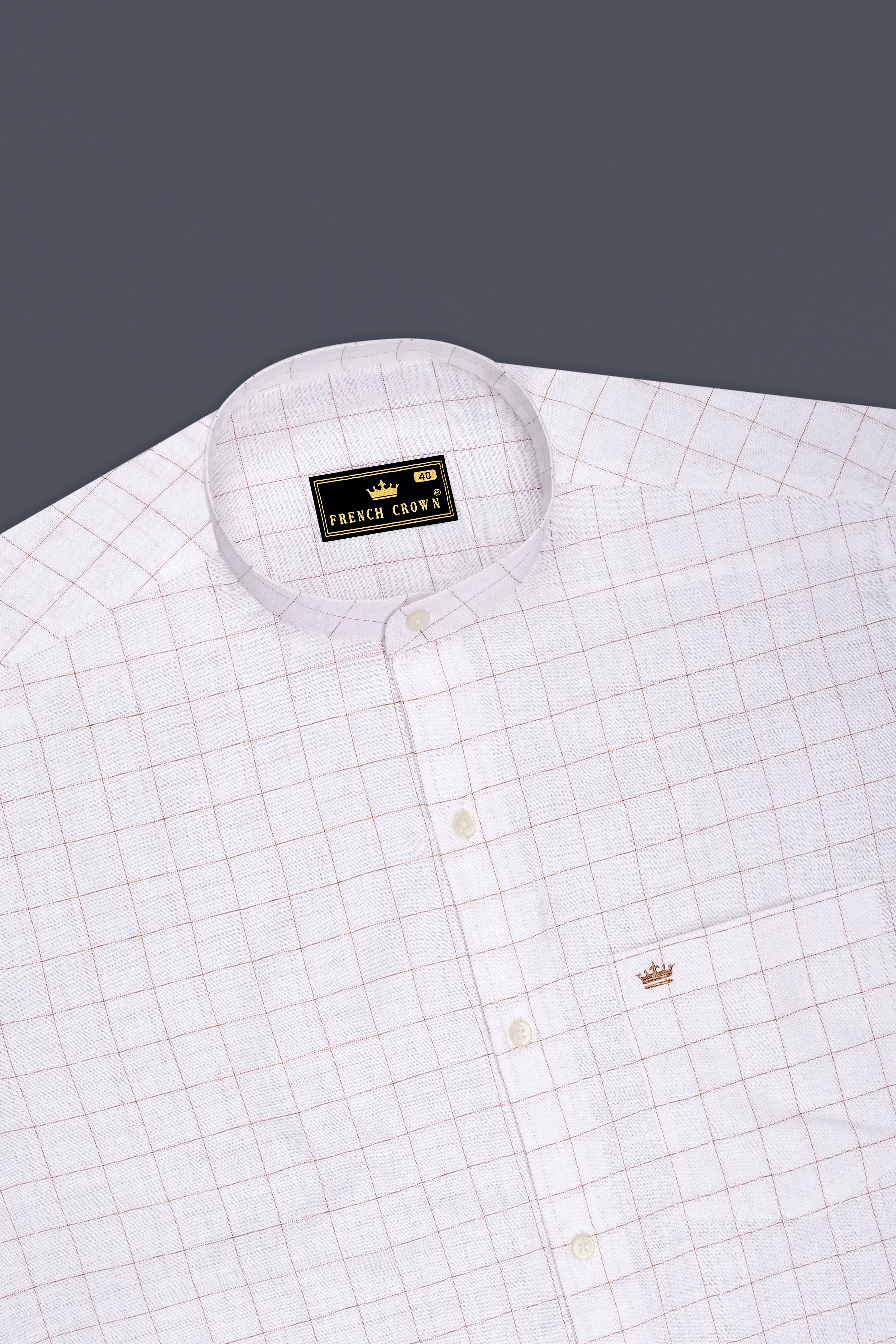 Soleil-Bright White And Leather Orange Windowpane Luxurious Linen Mandarin Casual Shirt
