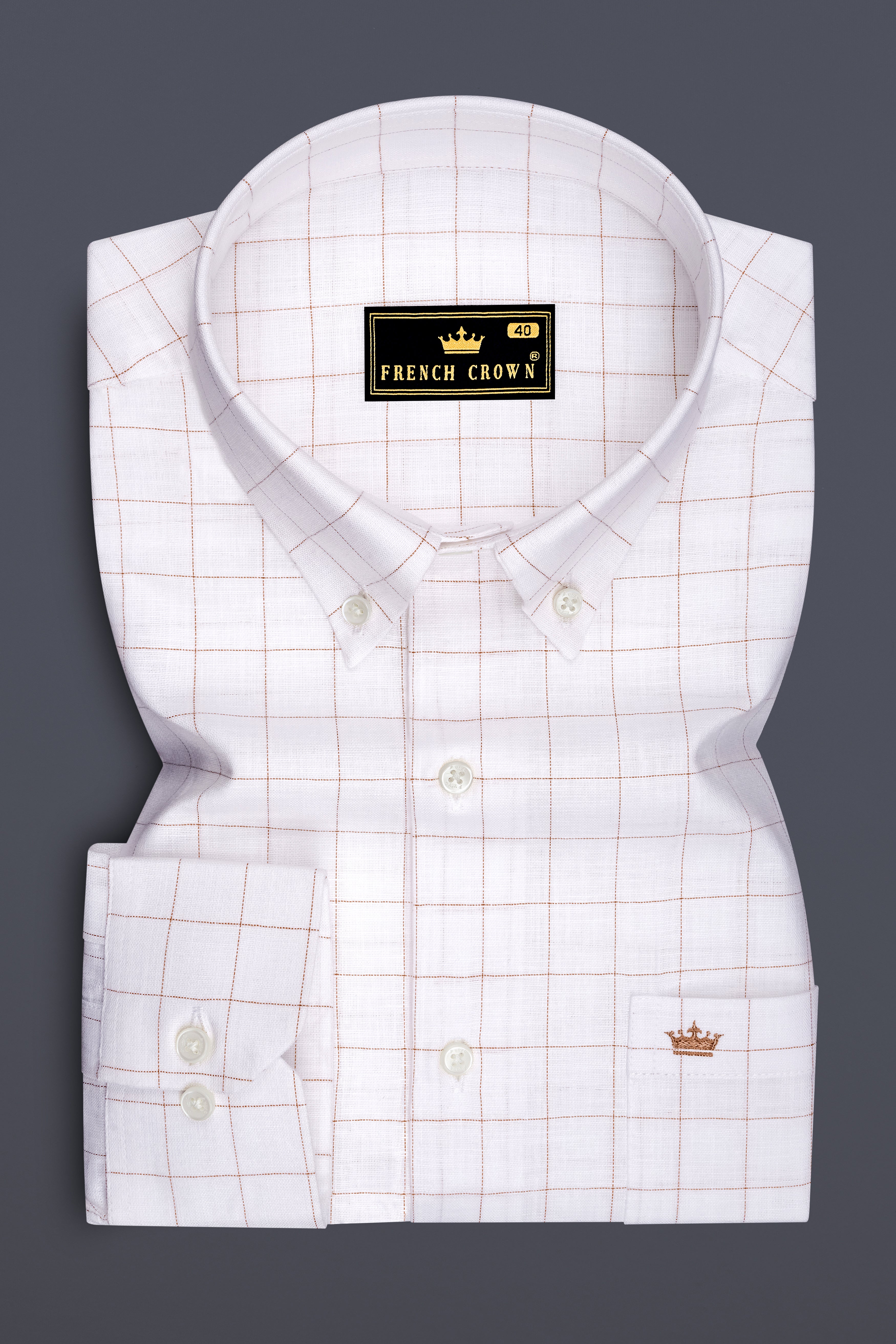 Soleil-Bright White And Leather Orange Windowpane Luxurious Linen Button Down Dress Shirt