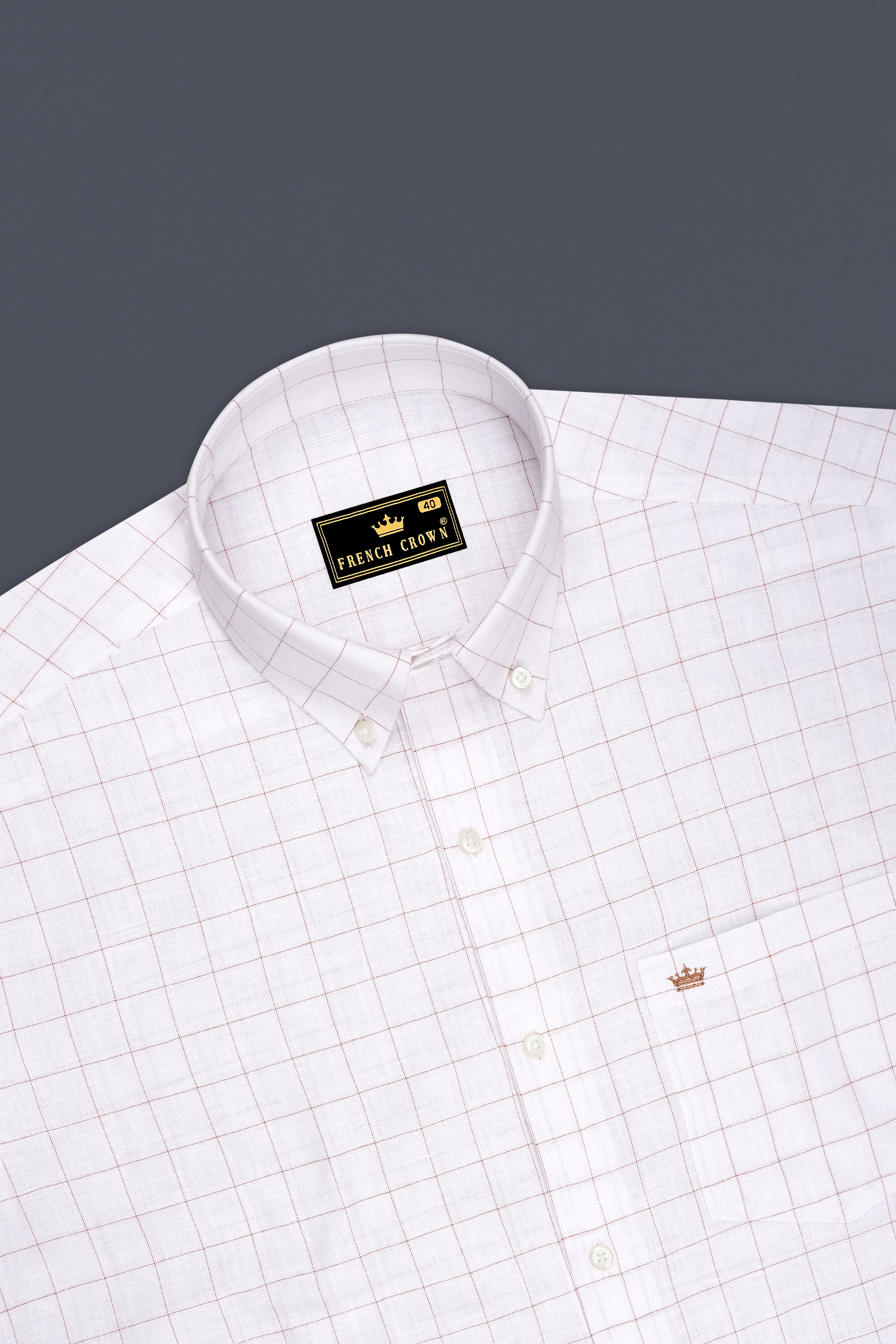 Soleil-Bright White And Leather Orange Windowpane Luxurious Linen Button Down Dress Shirt