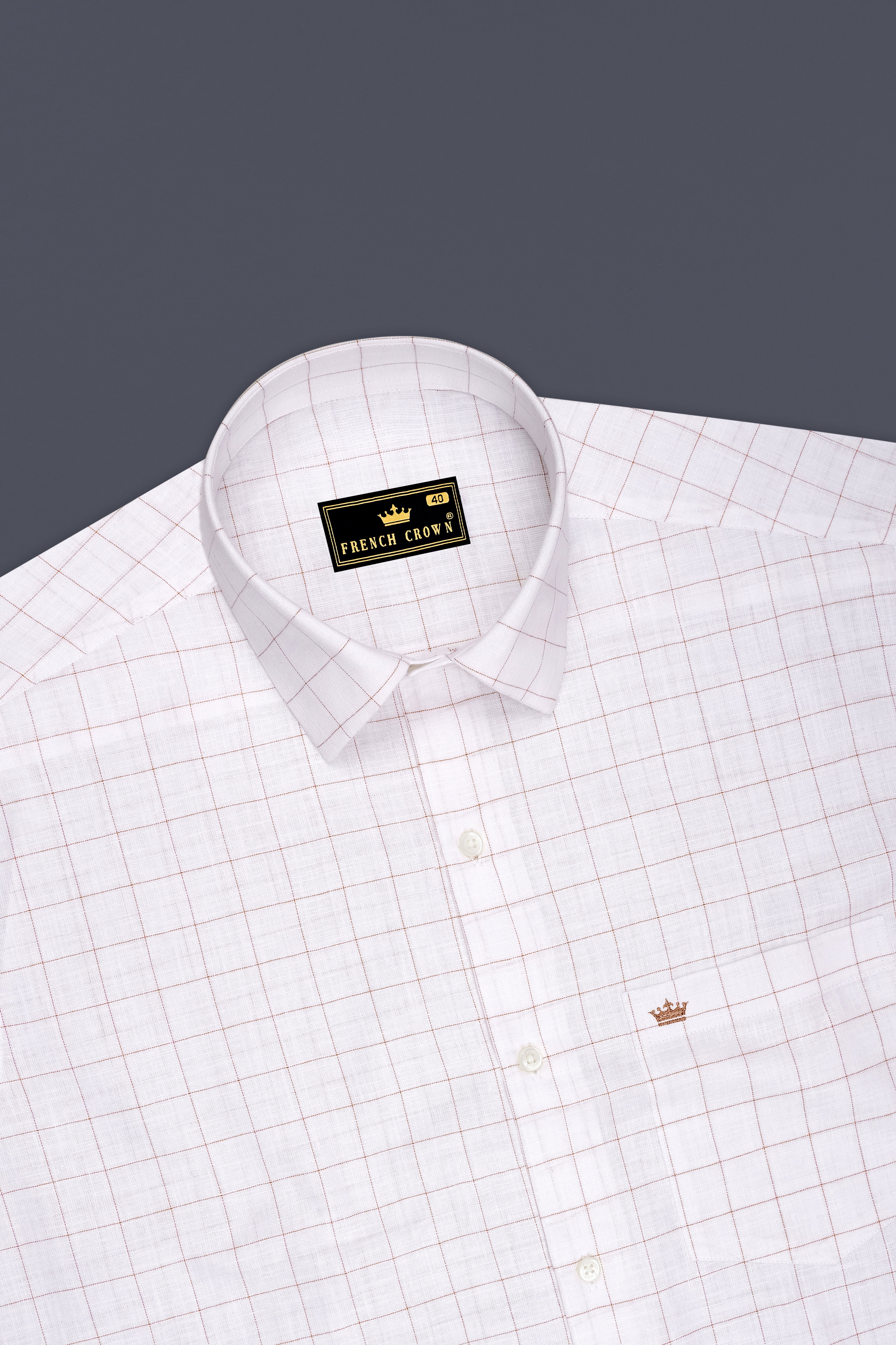 Soleil-Bright White And Leather Orange Windowpane Luxurious Linen Dress Shirt