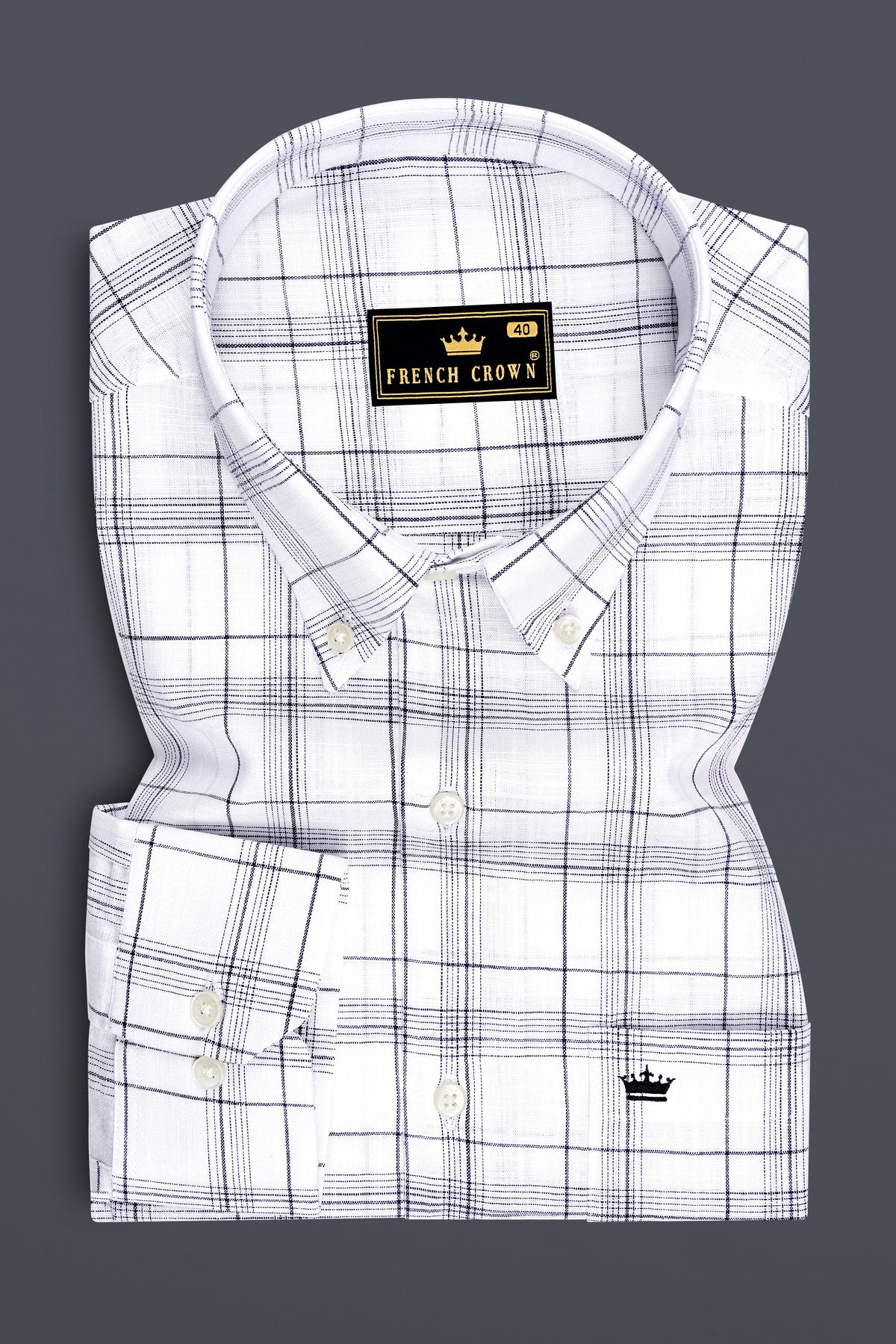Azure-Bright White And Ebony Blue Plaid Luxurious Linen Button Down Dress Shirt