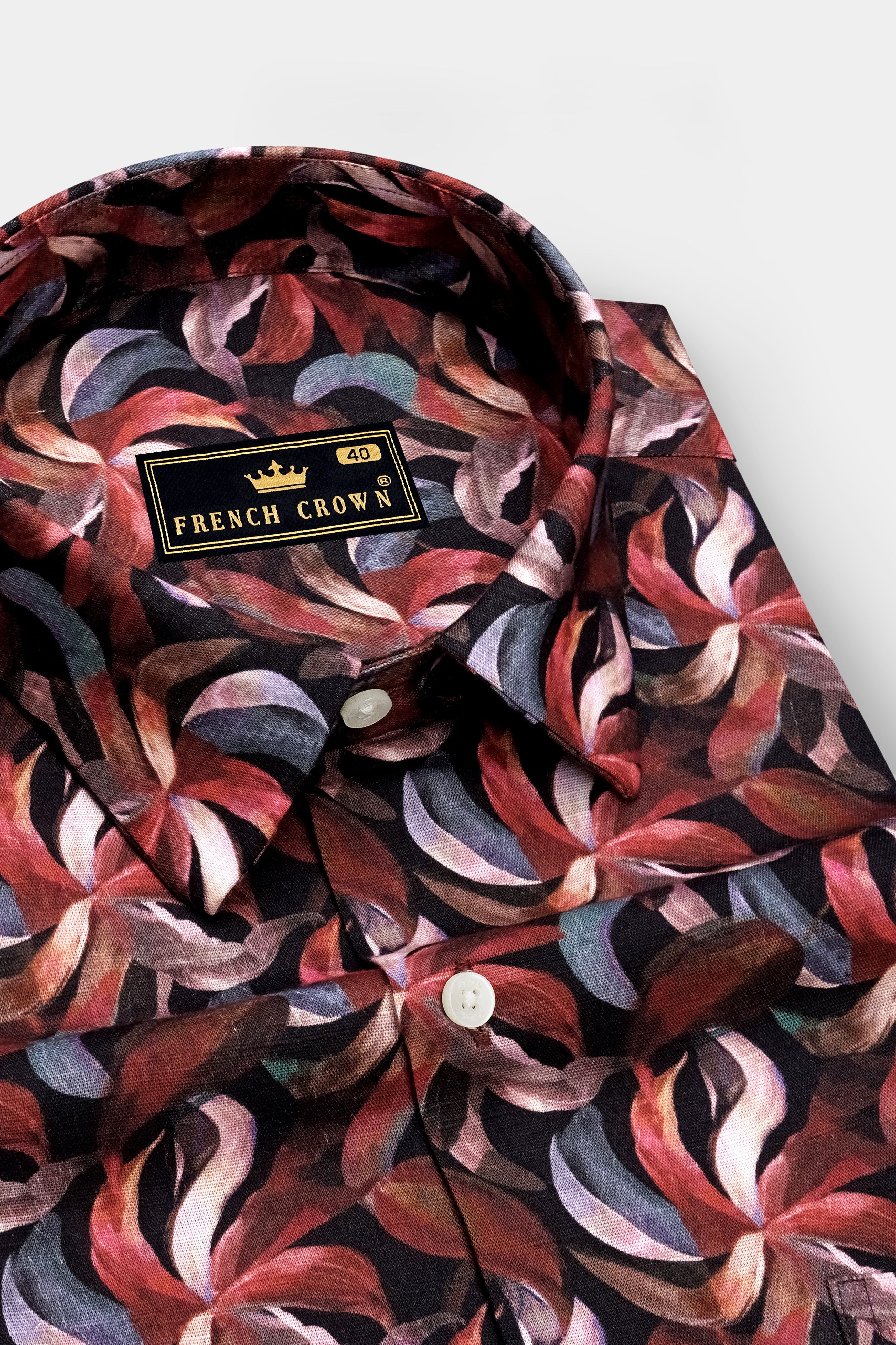 Brielle-Sanguine Red And Jade Black Multicolor Azure Floral Printed Linen-Cotton Blend Casual Shirt