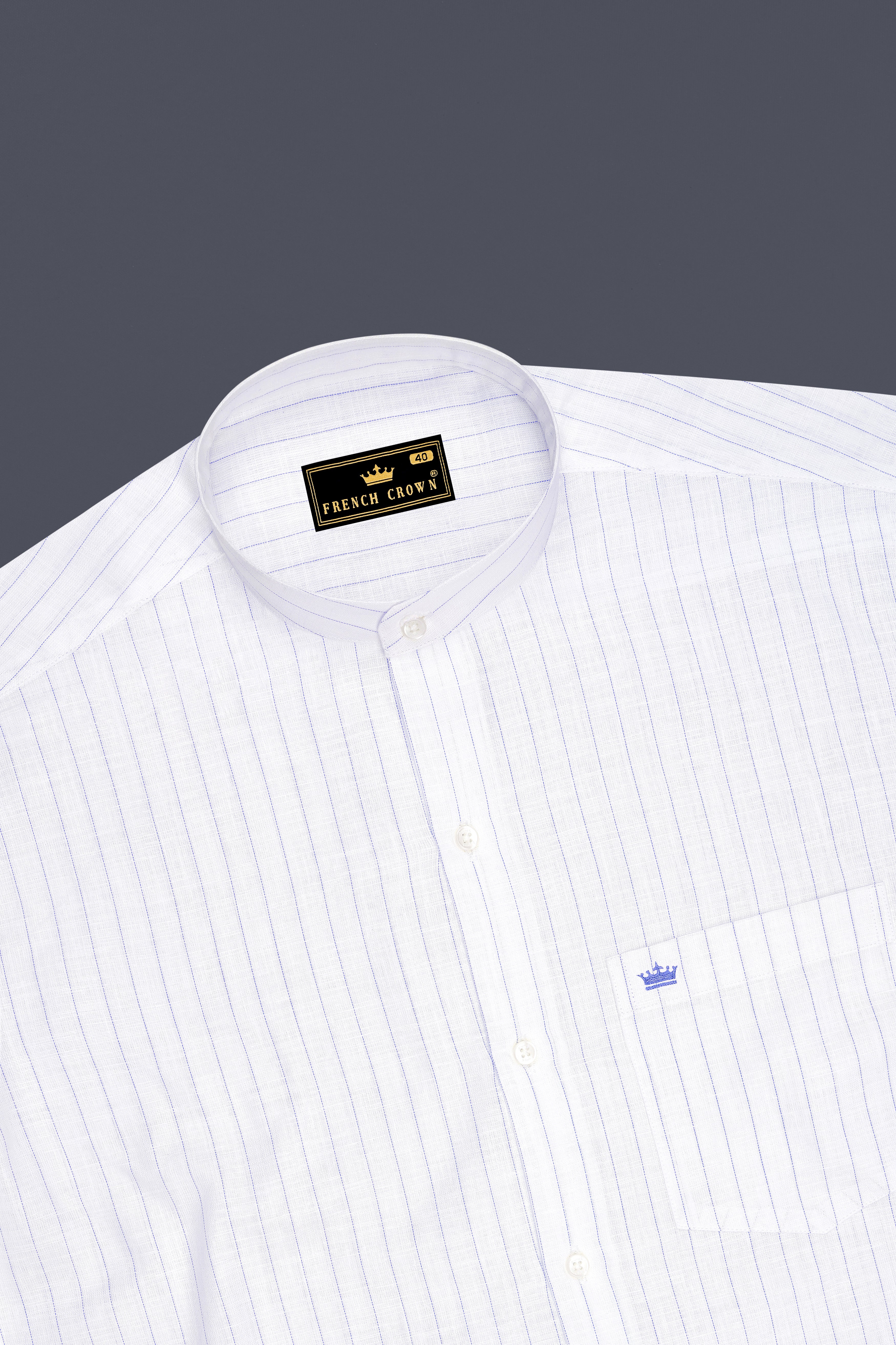 Mariner-Bright White And Scampi Blue Pin Striped Striped Luxurious Linen Mandarin Casual Shirt