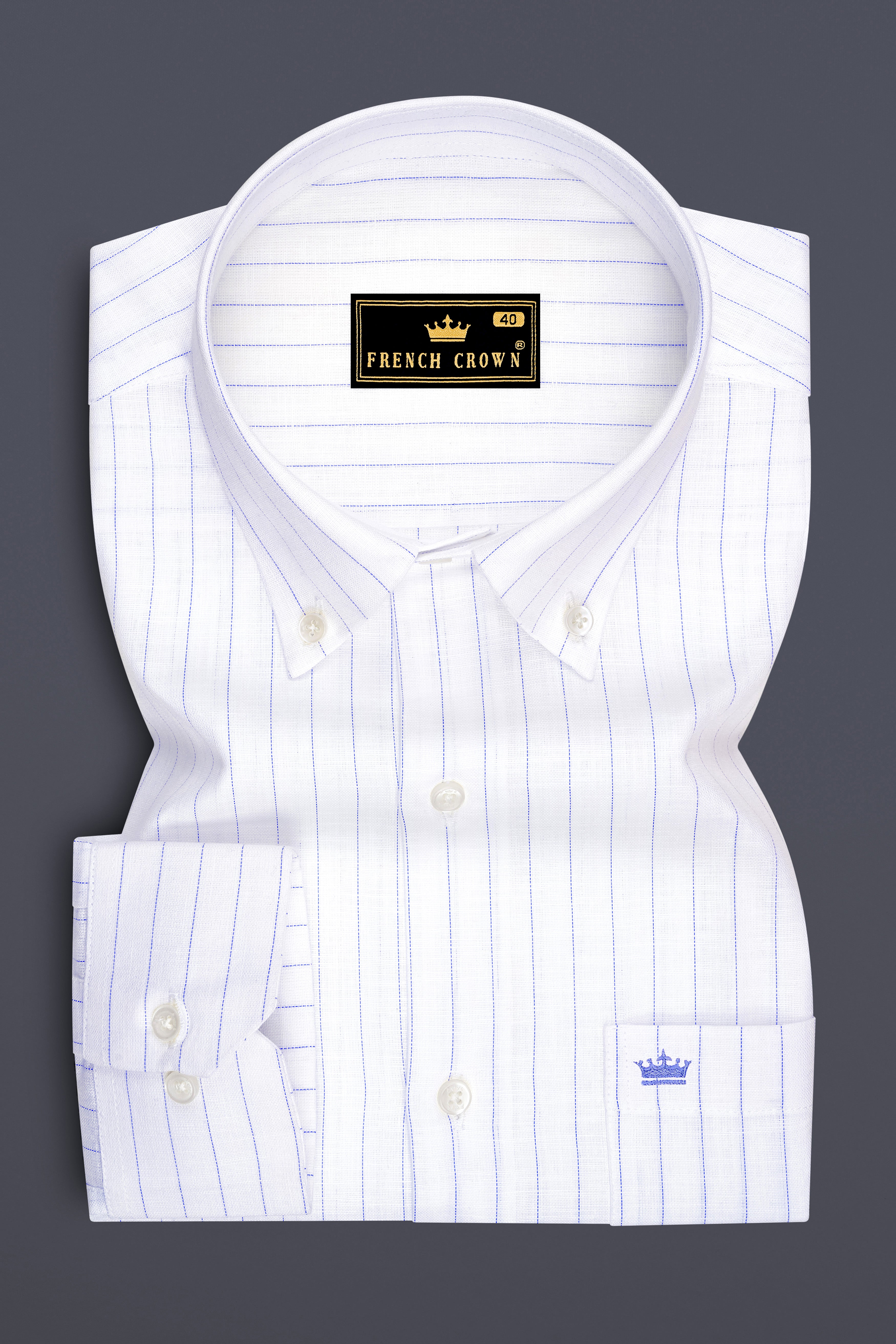 Mariner-Bright White And Scampi Blue Pin Striped Striped Luxurious Linen Button Down Dress Shirt