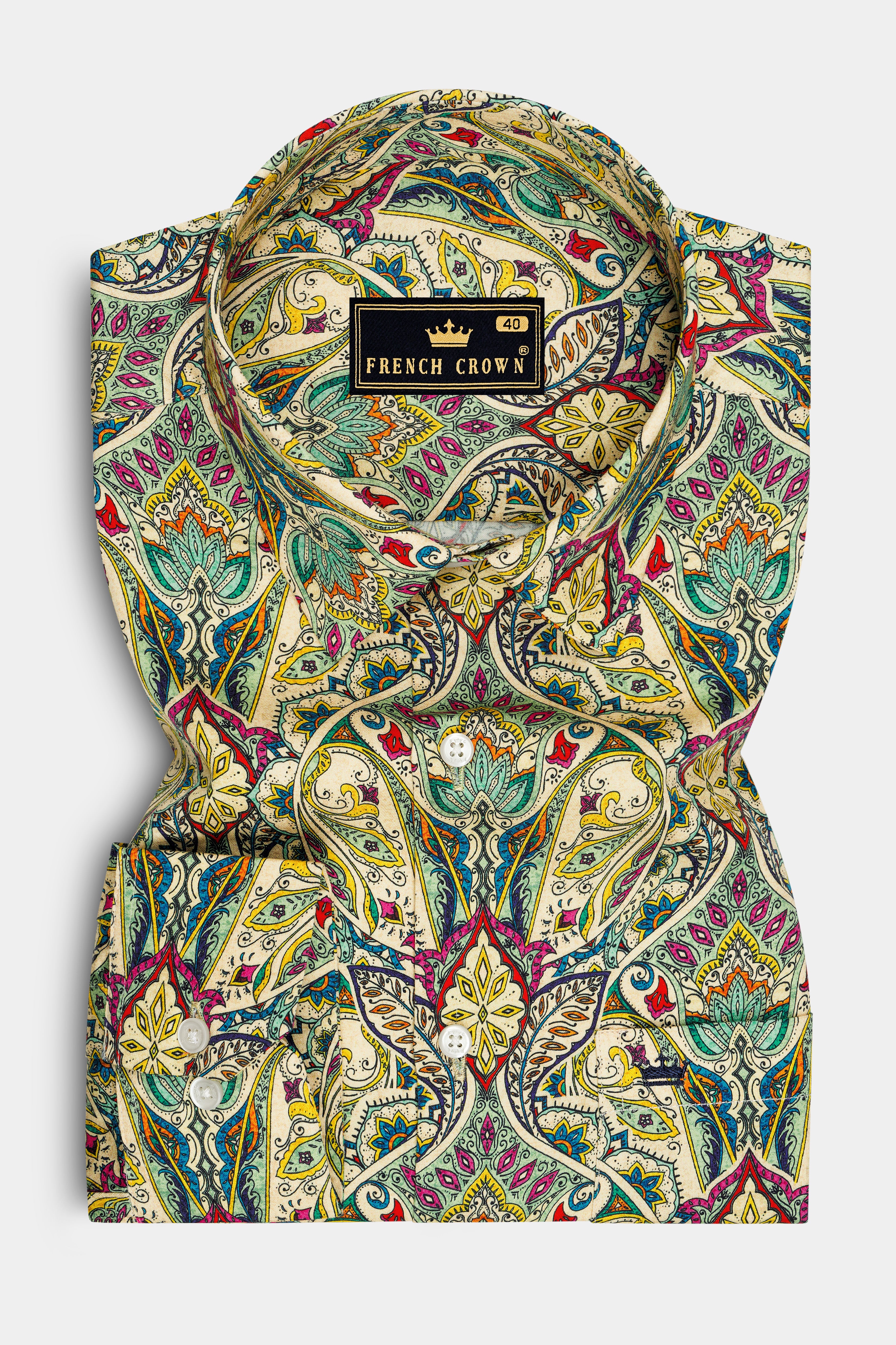Mosaic-Sapling Cream And Algae Green Multicolor Paisley Printed Subtle Sheen Super Soft Premium Cotton Casual Shirt