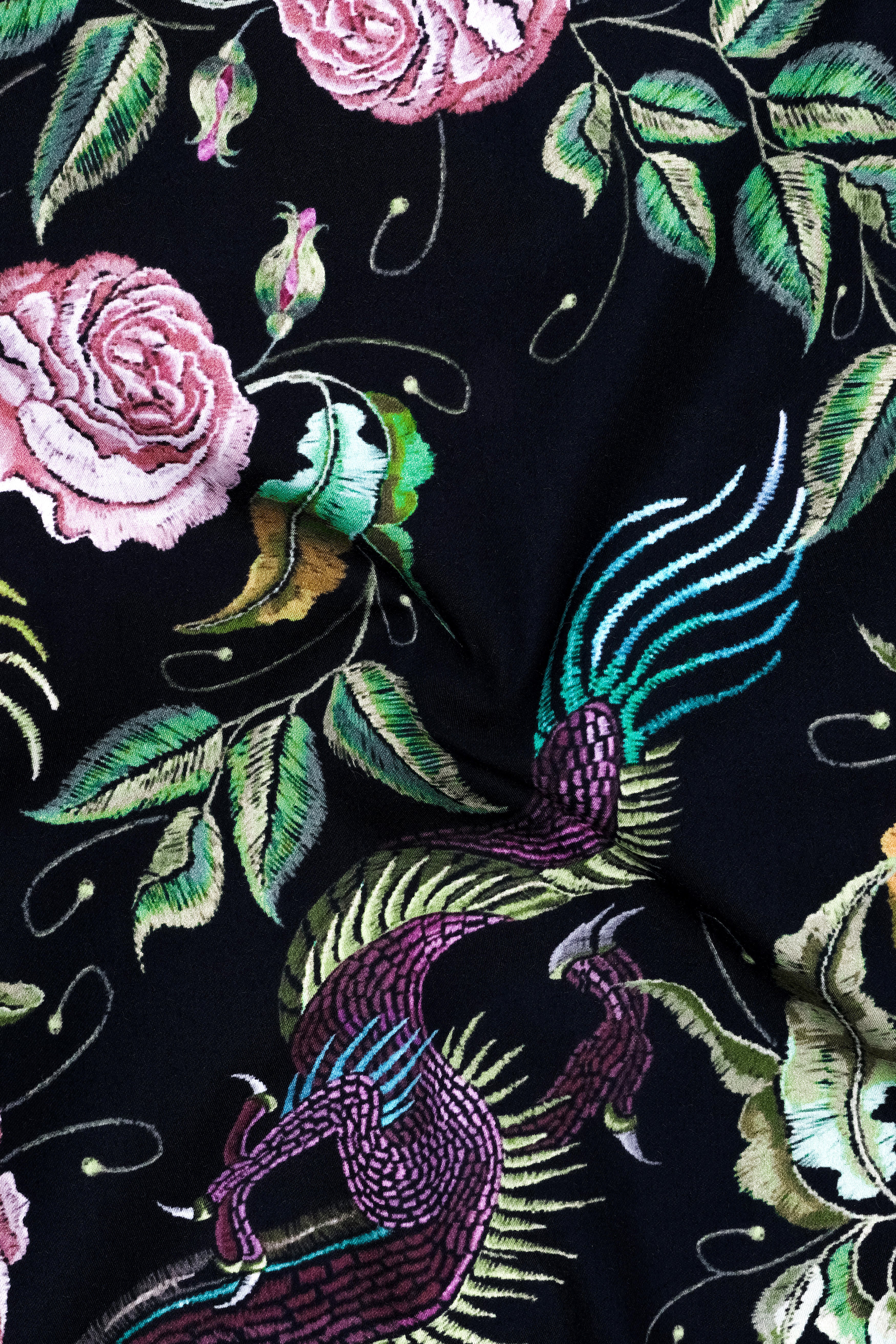 Magnolia-Jade Black And Mauvelous Pink Phoenix & Rose Garden Printed Subtle Sheen Super Soft Premium Cotton Casual Shirt