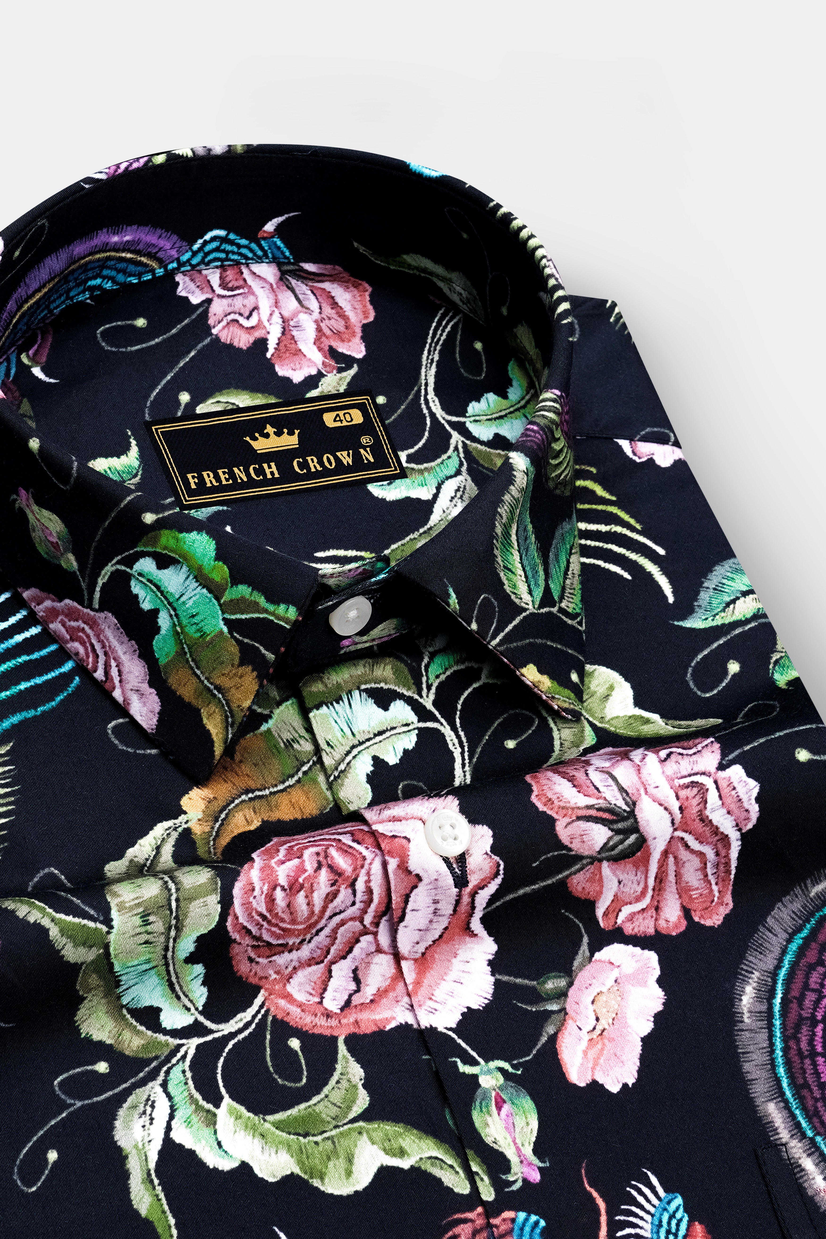 Magnolia-Jade Black And Mauvelous Pink Phoenix & Rose Garden Printed Subtle Sheen Super Soft Premium Cotton Casual Shirt