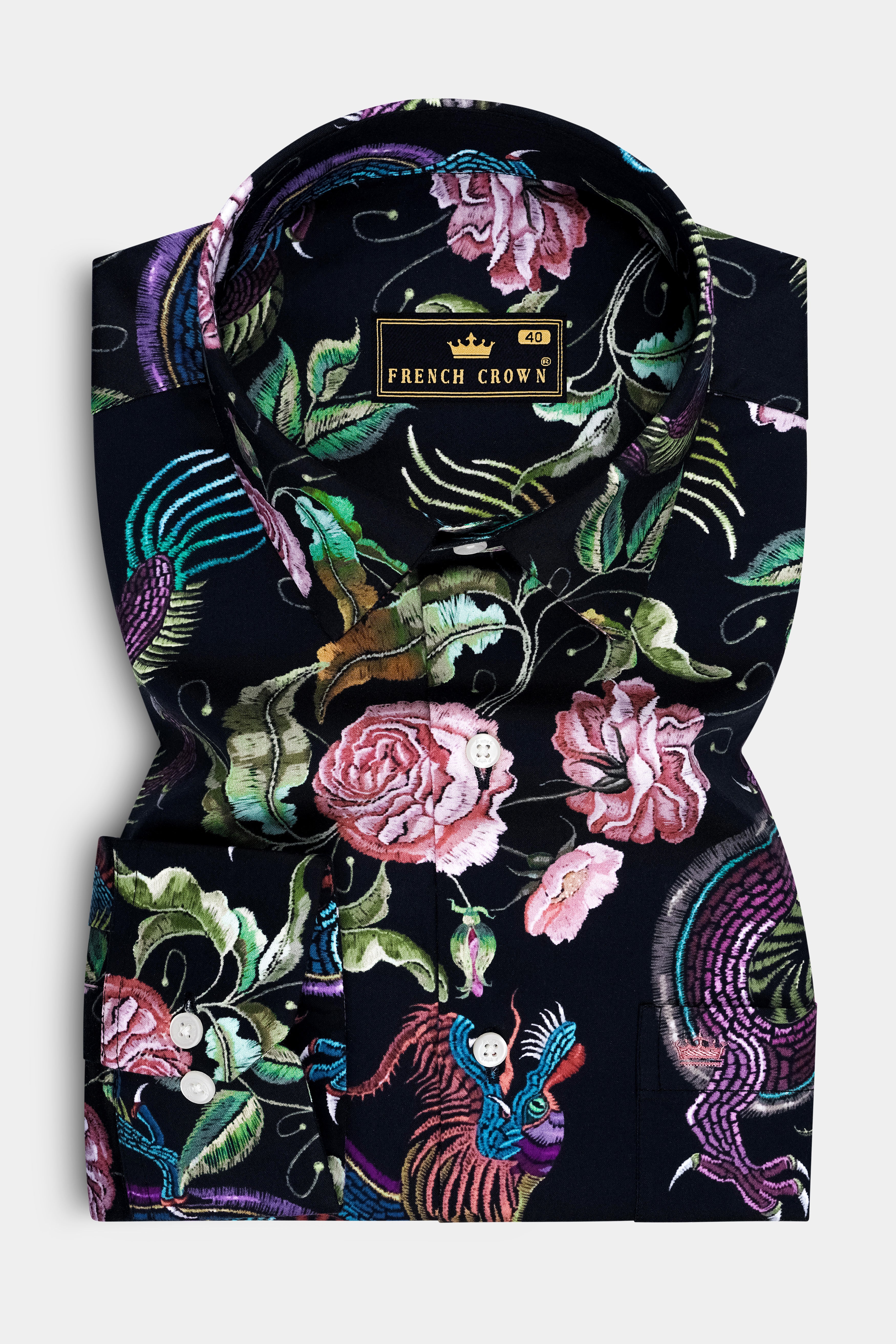 Magnolia-Jade Black And Mauvelous Pink Phoenix & Rose Garden Printed Subtle Sheen Super Soft Premium Cotton Casual Shirt