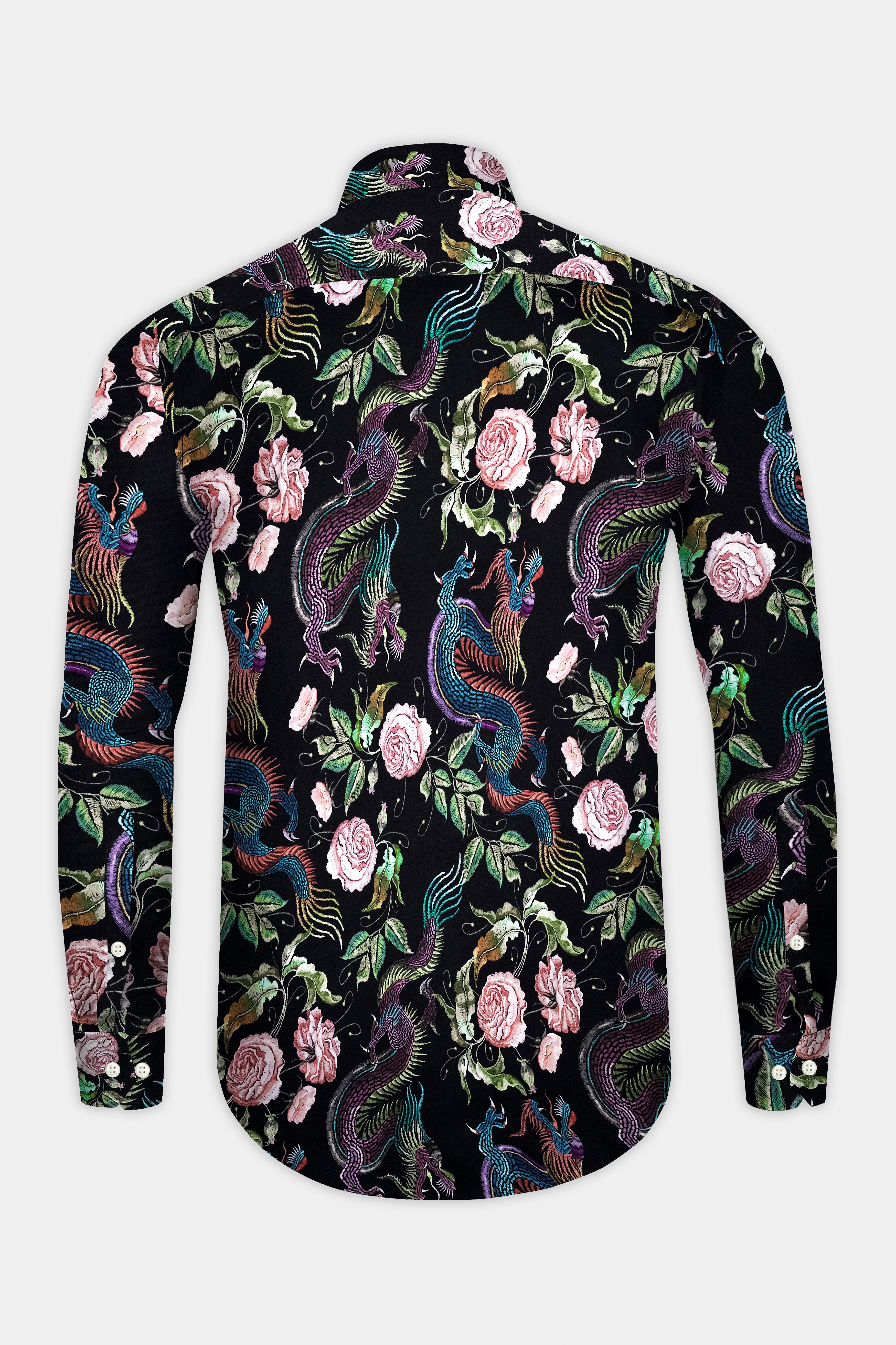 Magnolia-Jade Black And Mauvelous Pink Phoenix & Rose Garden Printed Subtle Sheen Super Soft Premium Cotton Casual Shirt