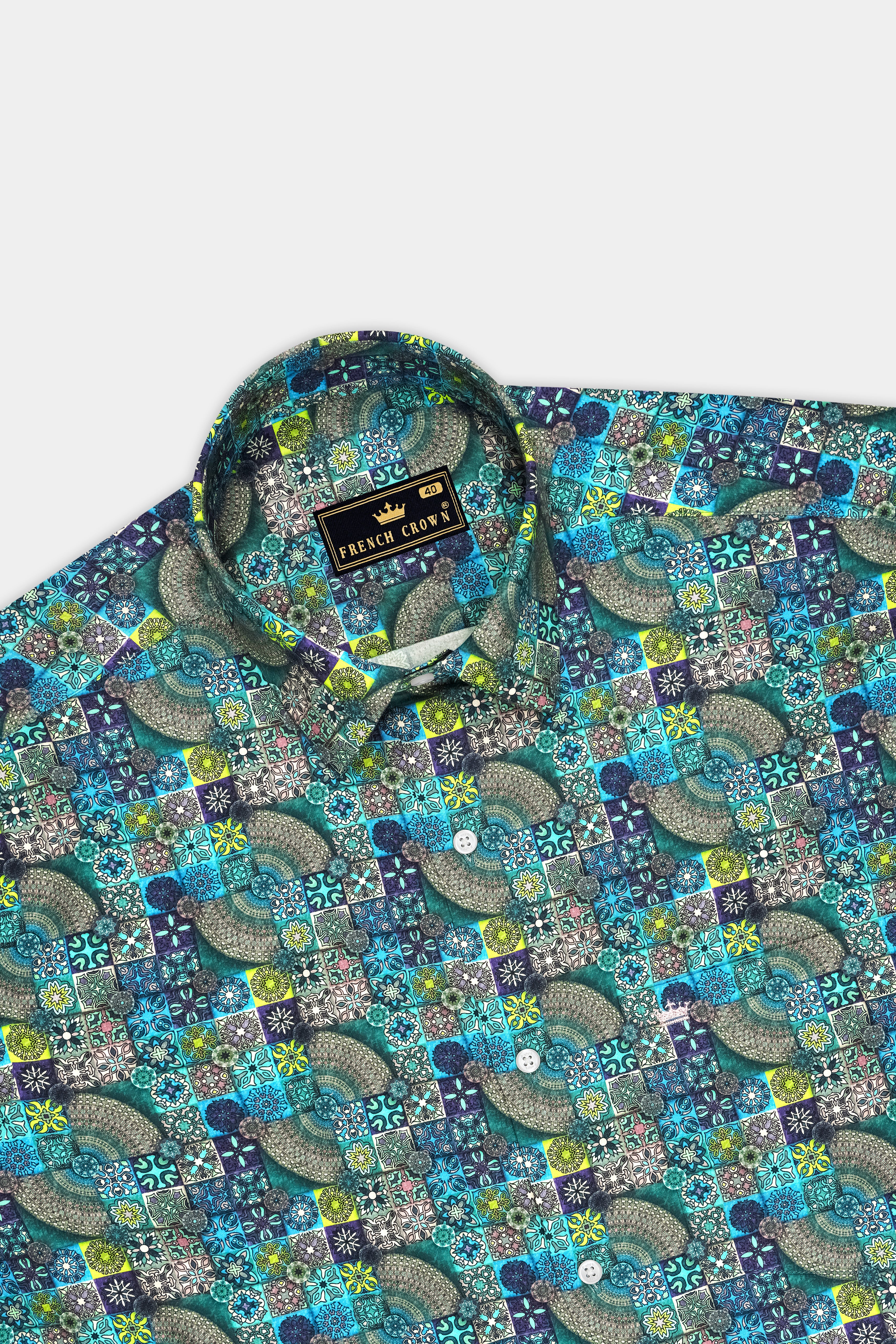 Eclat-Castleton Green And Venice Blue Multicolor Mosaic Printed Subtle Sheen Super Soft Premium Cotton Casual Shirt