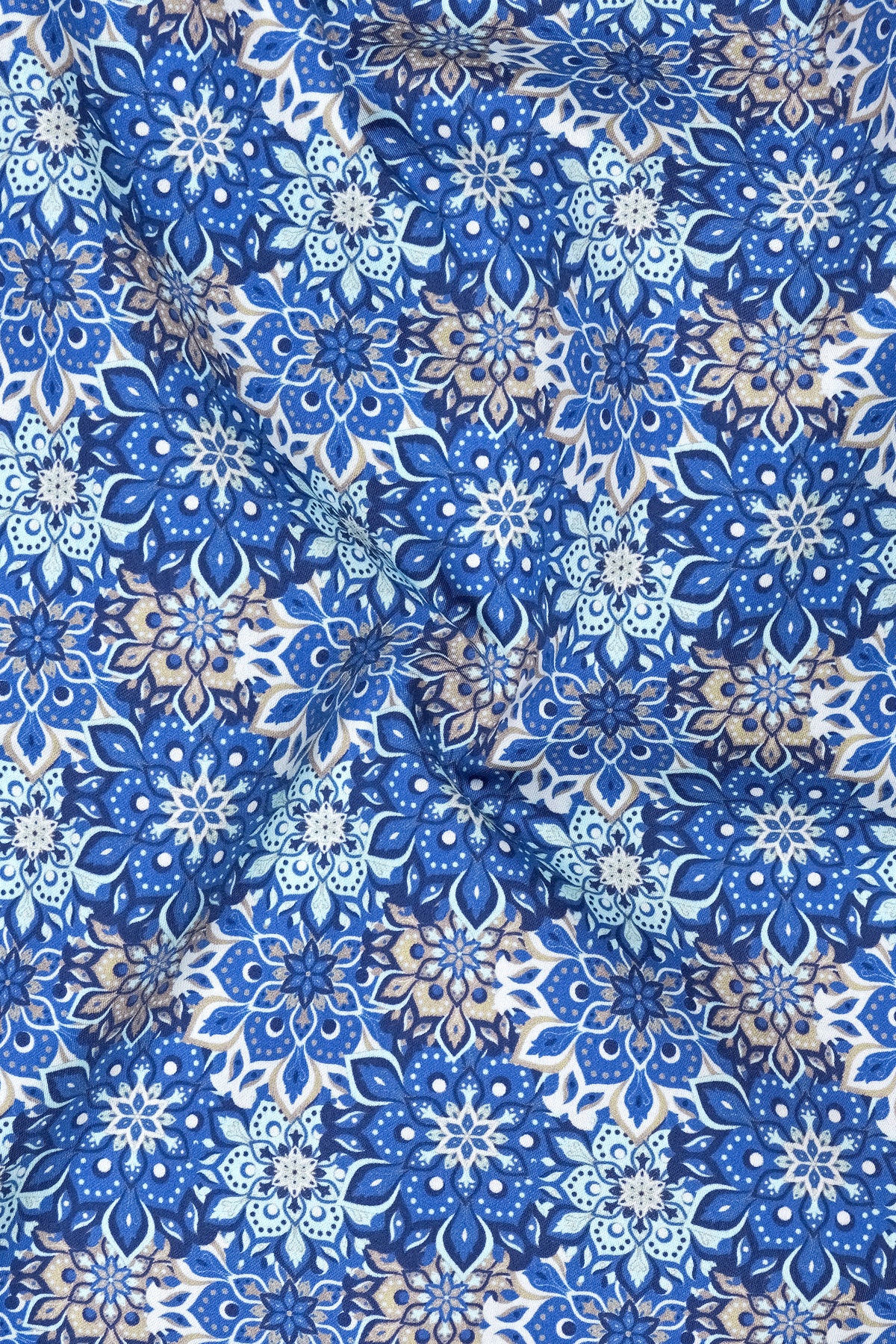 Fiorenzo-Bluish Blue and Swan Cream Floral Medallion Printed Subtle Sheen Super Soft Premium Cotton Dress Shirt