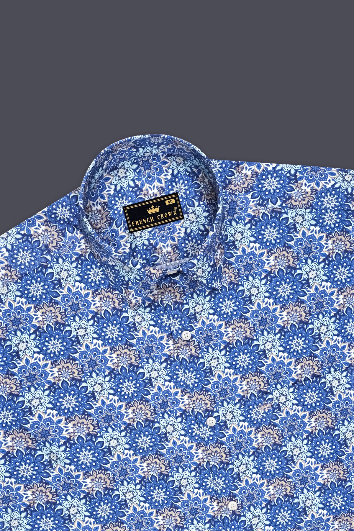 Fiorenzo-Bluish Blue and Swan Cream Floral Medallion Printed Subtle Sheen Super Soft Premium Cotton Dress Shirt