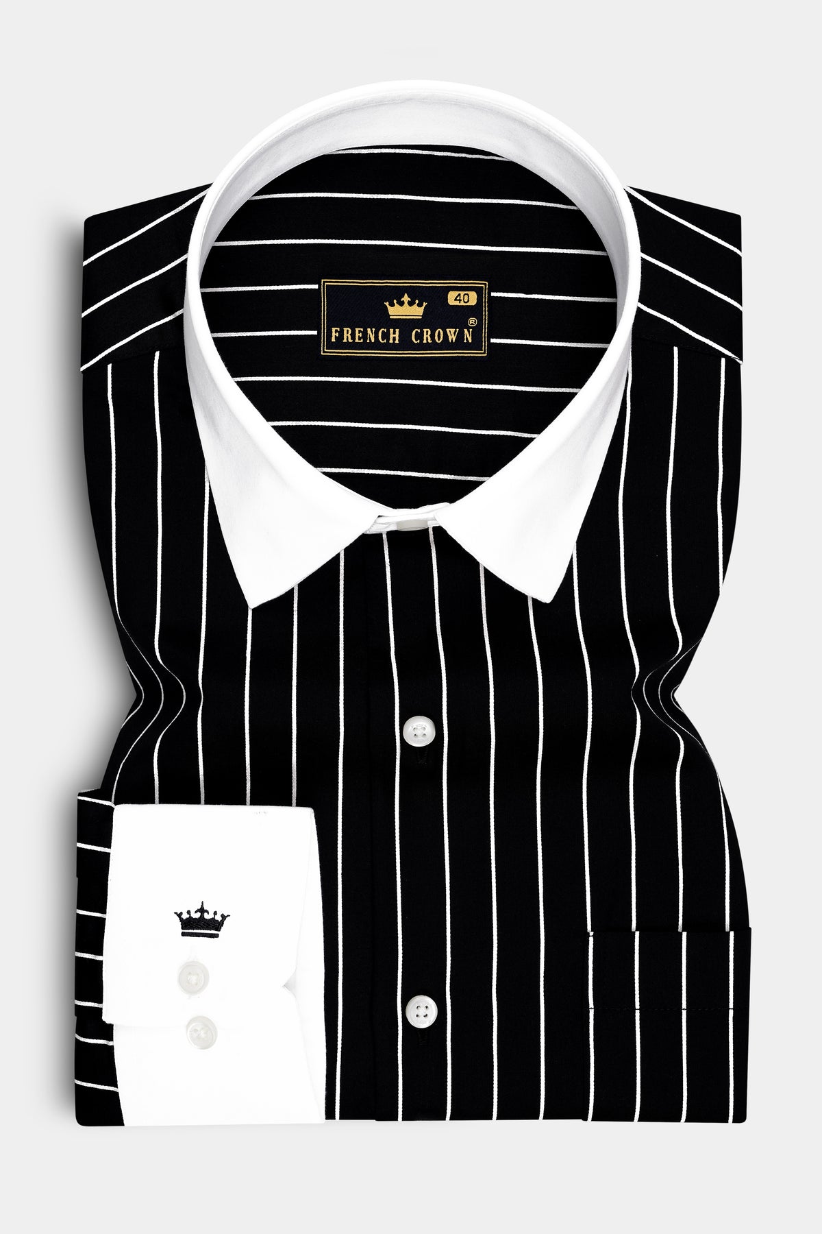 Monarch-Jade Black and Bright White Pin Striped Subtle Sheen Super Premium Cotton White Cuff Collar Dress Shirt