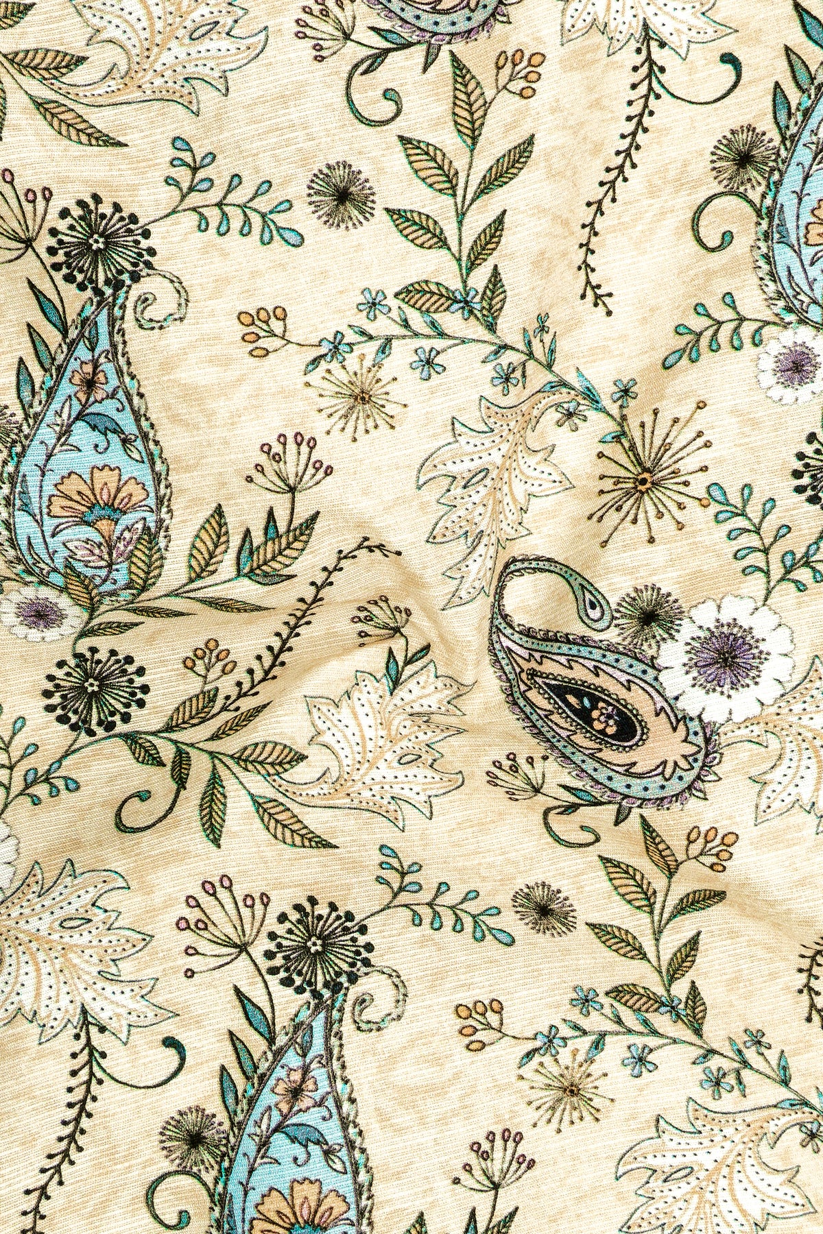Aquarelle-Mania Cream And Aqua Blue Vintage Paisley Floral Printed Luxurious Linen Dress Shirt