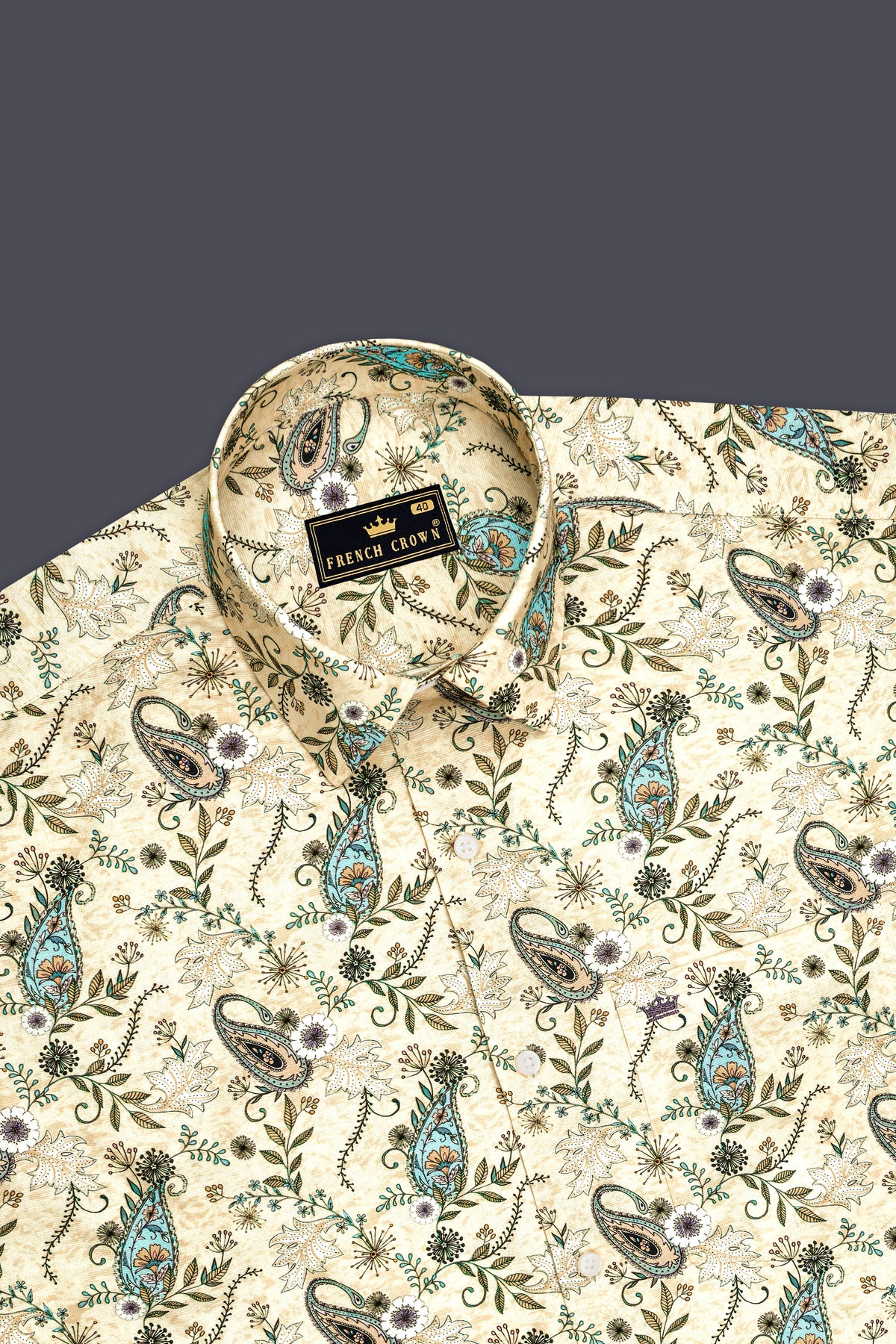 Aquarelle-Mania Cream And Aqua Blue Vintage Paisley Floral Printed Luxurious Linen Dress Shirt