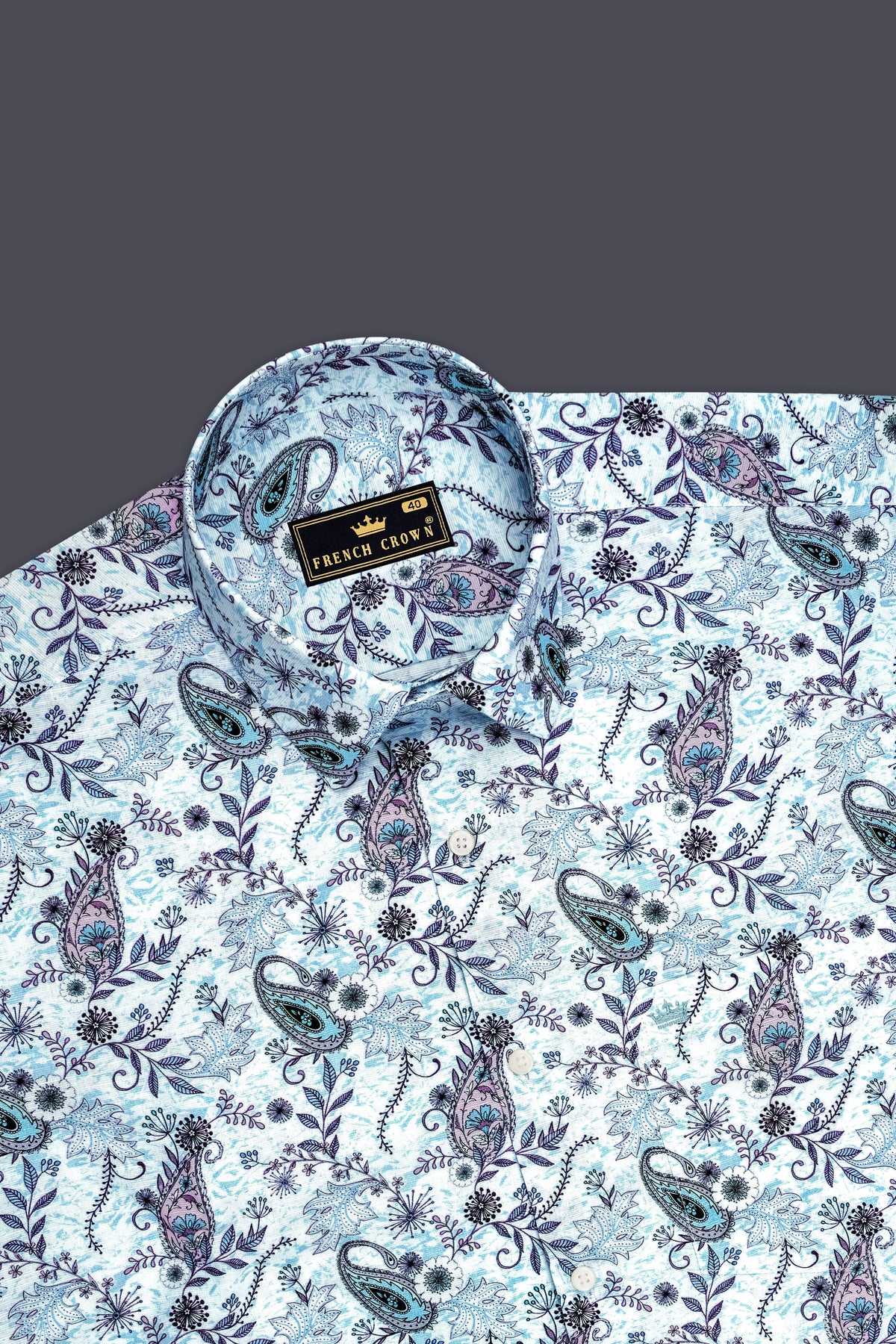 Virello-Rock Blue Vintage Paisley Floral Printed Luxurious Linen Dress Shirt