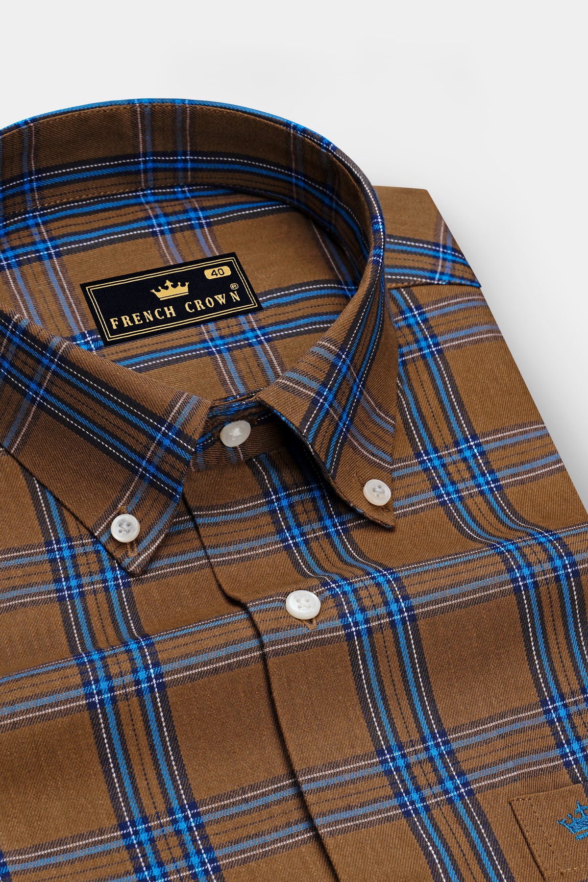 Tartan-Quincy Brown And Bluish Blue Plaid Twill Premium Cotton Button Down Casual Shirt