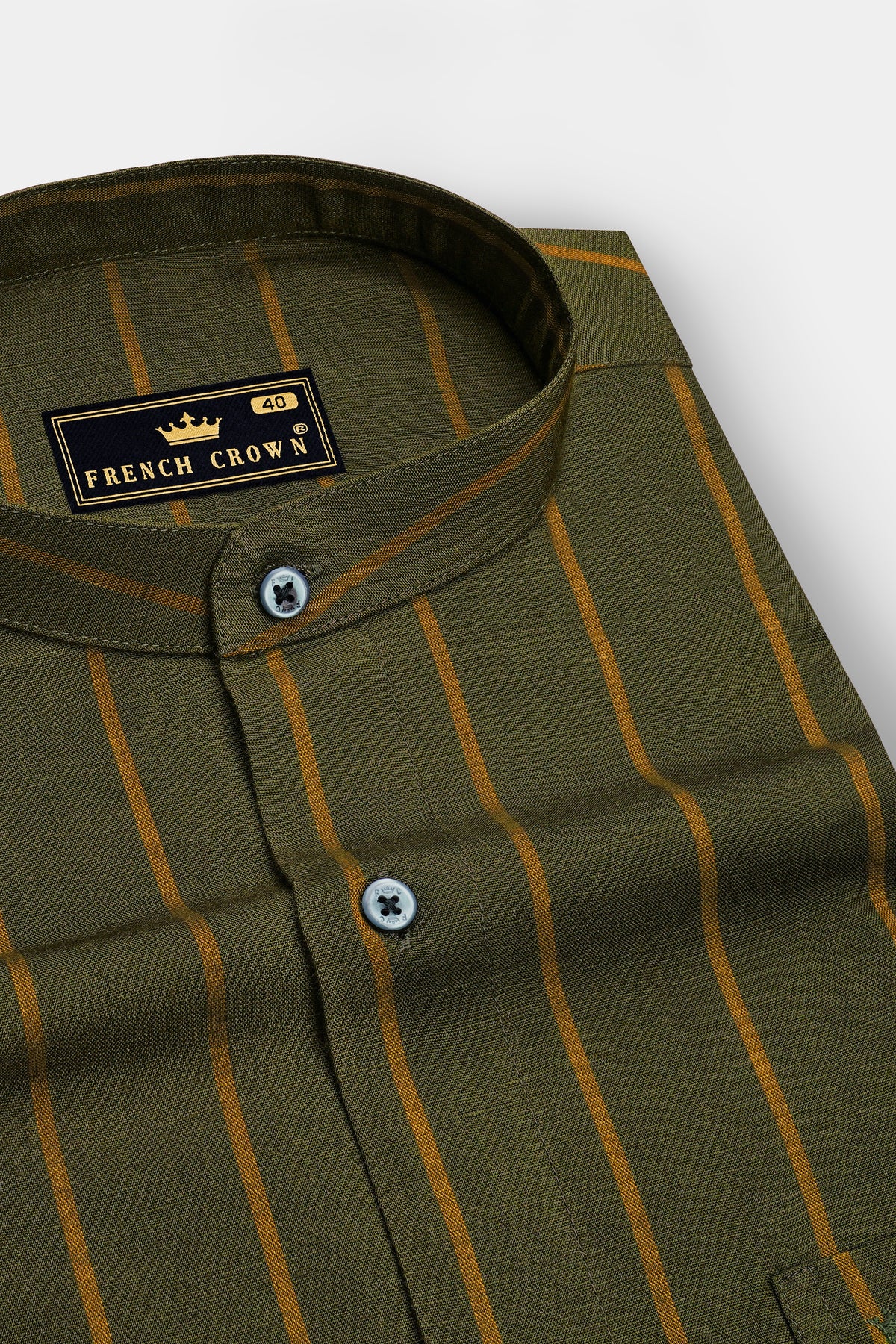 Terra-Lisbon Green And Sienna Brown Striped Luxurious Linen Mandarin Casual Shirt