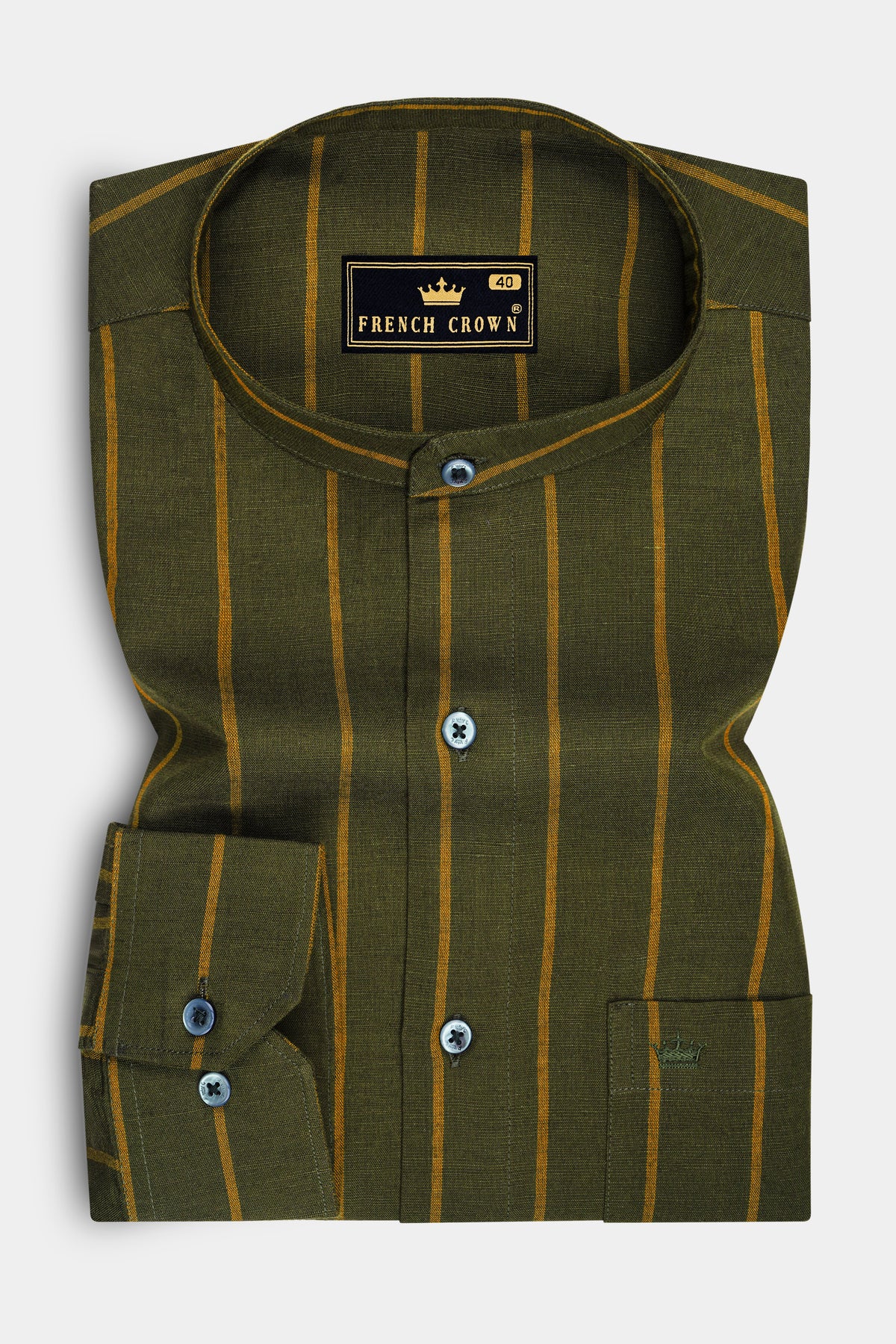 Terra-Lisbon Green And Sienna Brown Striped Luxurious Linen Mandarin Casual Shirt