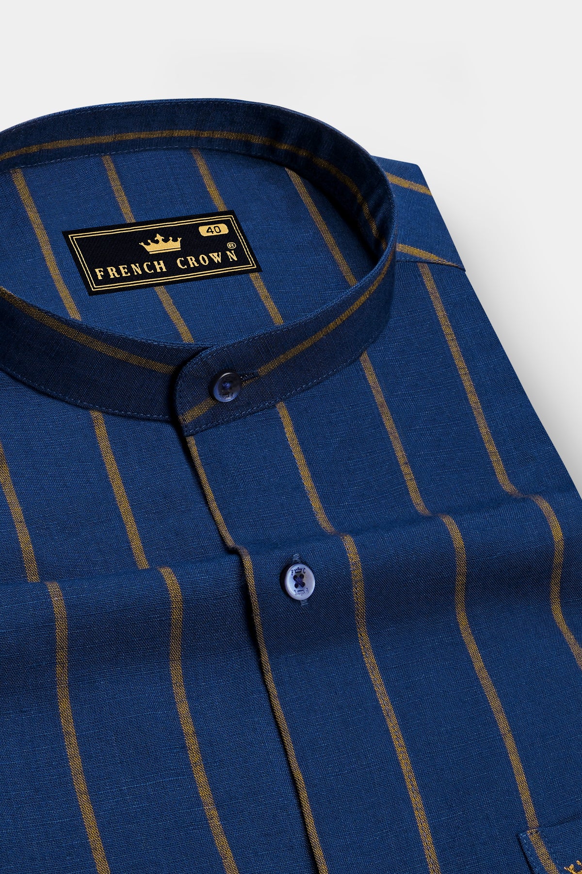 Sirocco-Marine Blue And Desert Brown Striped Luxurious Linen Mandarin Casual Shirt