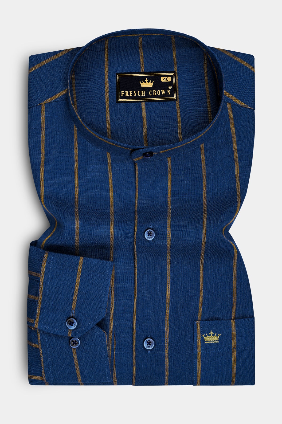 Sirocco-Marine Blue And Desert Brown Striped Luxurious Linen Mandarin Casual Shirt