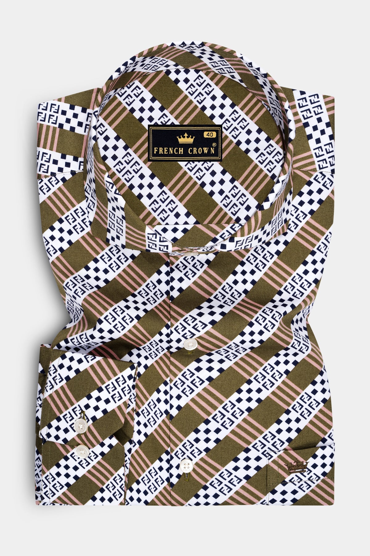 Heirloom-Woodland Brown And Bright White Heritage Monogram Printed Subtle Sheen Super Soft Premium Cotton Cut Away Casual Shirt