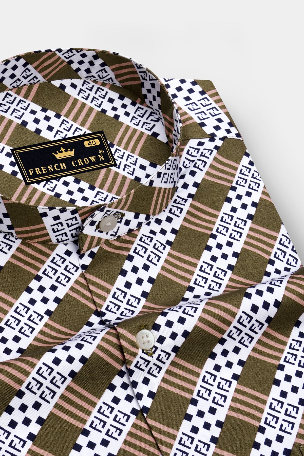 Heirloom-Woodland Brown And Bright White Heritage Monogram Printed Subtle Sheen Super Soft Premium Cotton Mandarin Casual Shirt