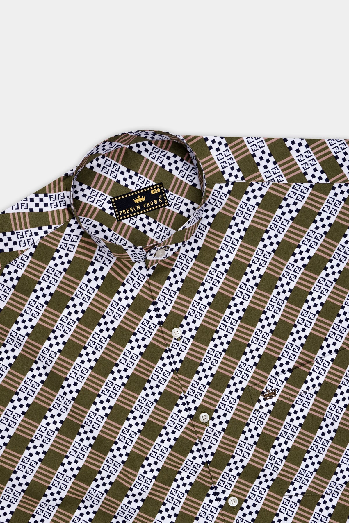 Heirloom-Woodland Brown And Bright White Heritage Monogram Printed Subtle Sheen Super Soft Premium Cotton Mandarin Casual Shirt