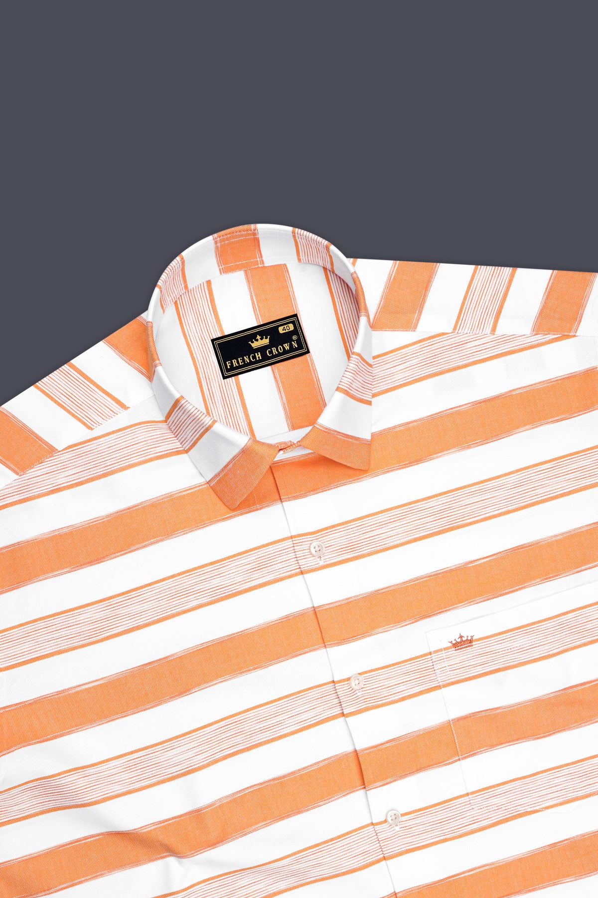 Soleil-Tangerine Orange And Bright White Twill Horizontal Striped Premium Cotton Casual Shirt