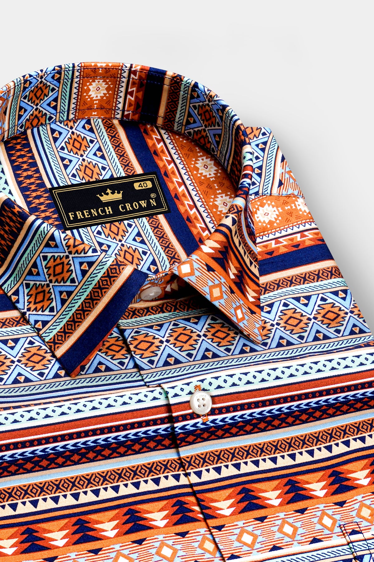 Sierra-Tawny Orange And Stratos Blue Multicolor Southwestern Geometric Stripe Printed Subtle Sheen Super Soft Premium Cotton Casual Shirt