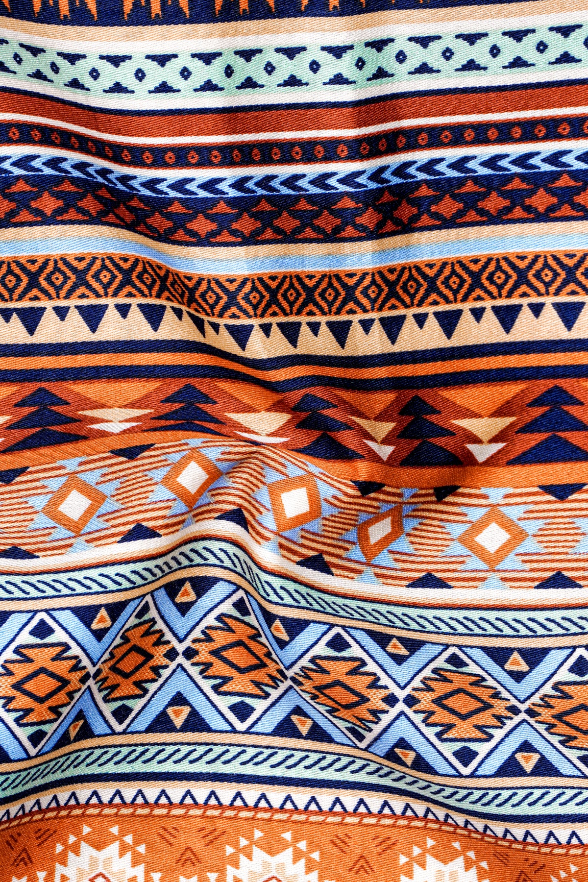 Sierra-Tawny Orange And Stratos Blue Multicolor Southwestern Geometric Stripe Printed Subtle Sheen Super Soft Premium Cotton Casual Shirt