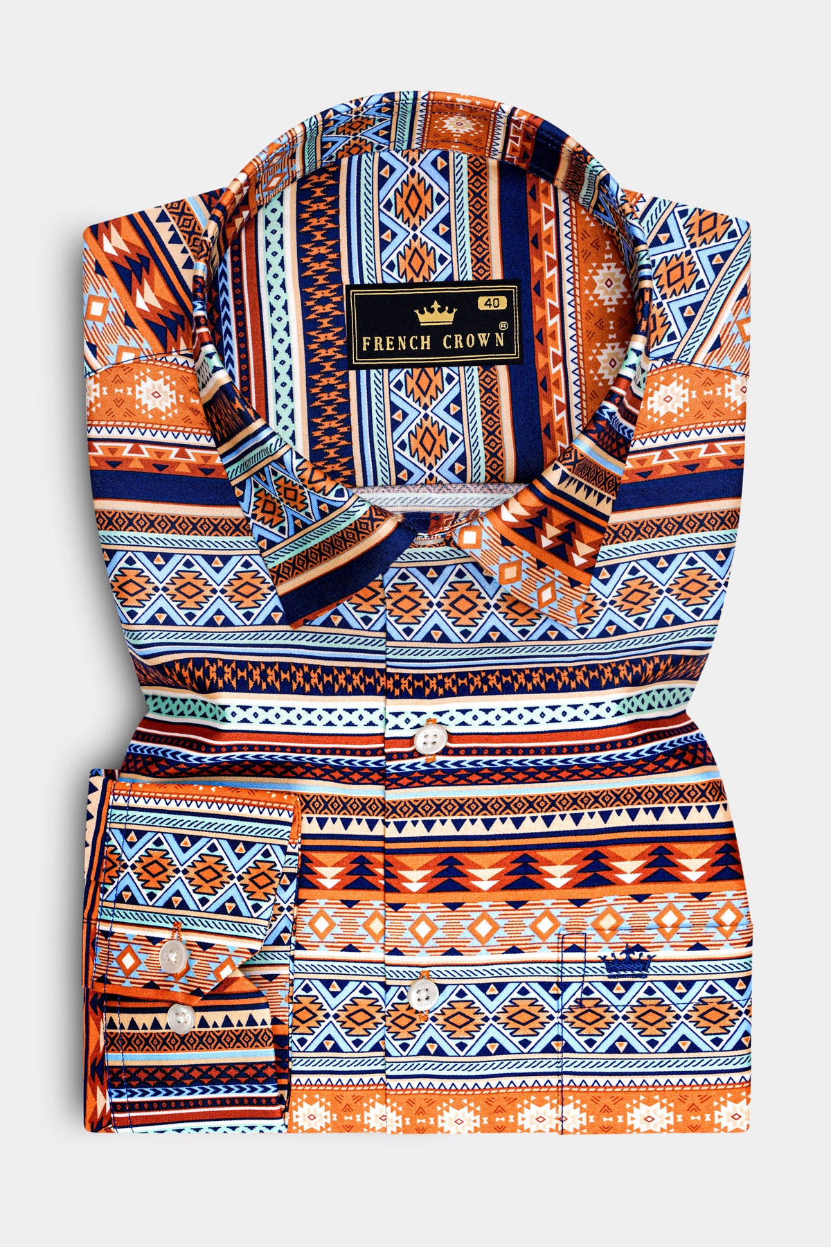 Sierra-Tawny Orange And Stratos Blue Multicolor Southwestern Geometric Stripe Printed Subtle Sheen Super Soft Premium Cotton Casual Shirt