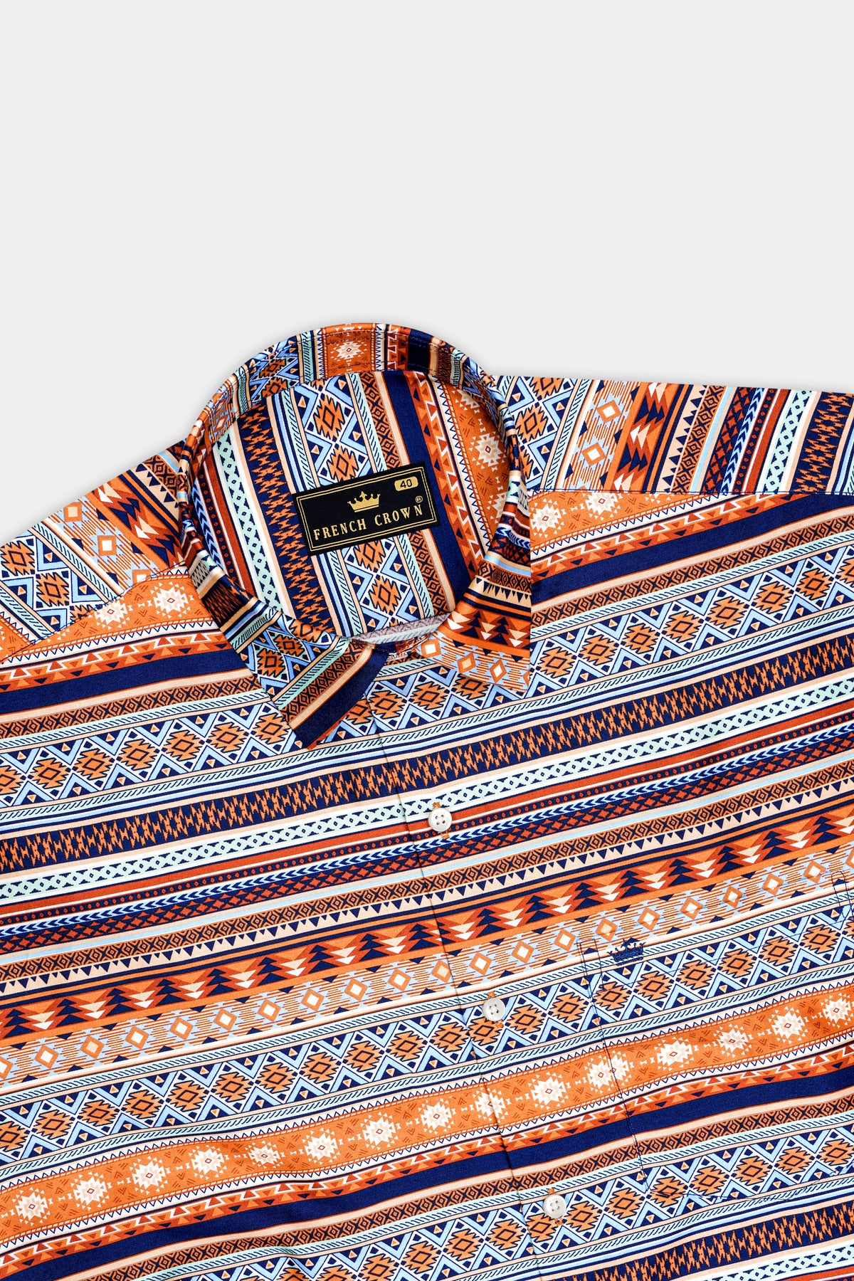Sierra-Tawny Orange And Stratos Blue Multicolor Southwestern Geometric Stripe Printed Subtle Sheen Super Soft Premium Cotton Casual Shirt