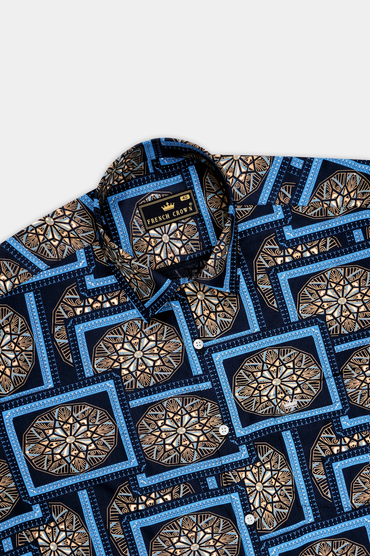 Mandal-Mirage Blue And Tan Brown Multicolor Geometric Medallion Printed Subtle Sheen Super Soft Premium Cotton Casual Shirt
