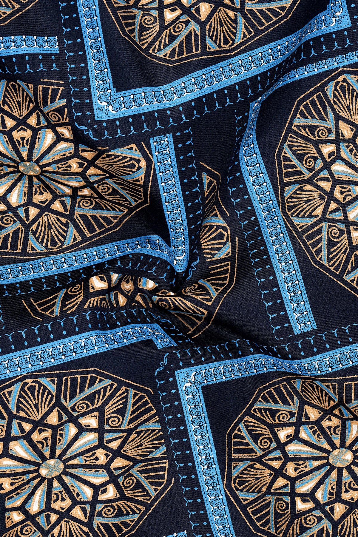 Mandal-Mirage Blue And Tan Brown Multicolor Geometric Medallion Printed Subtle Sheen Super Soft Premium Cotton Cut Away Casual Shirt