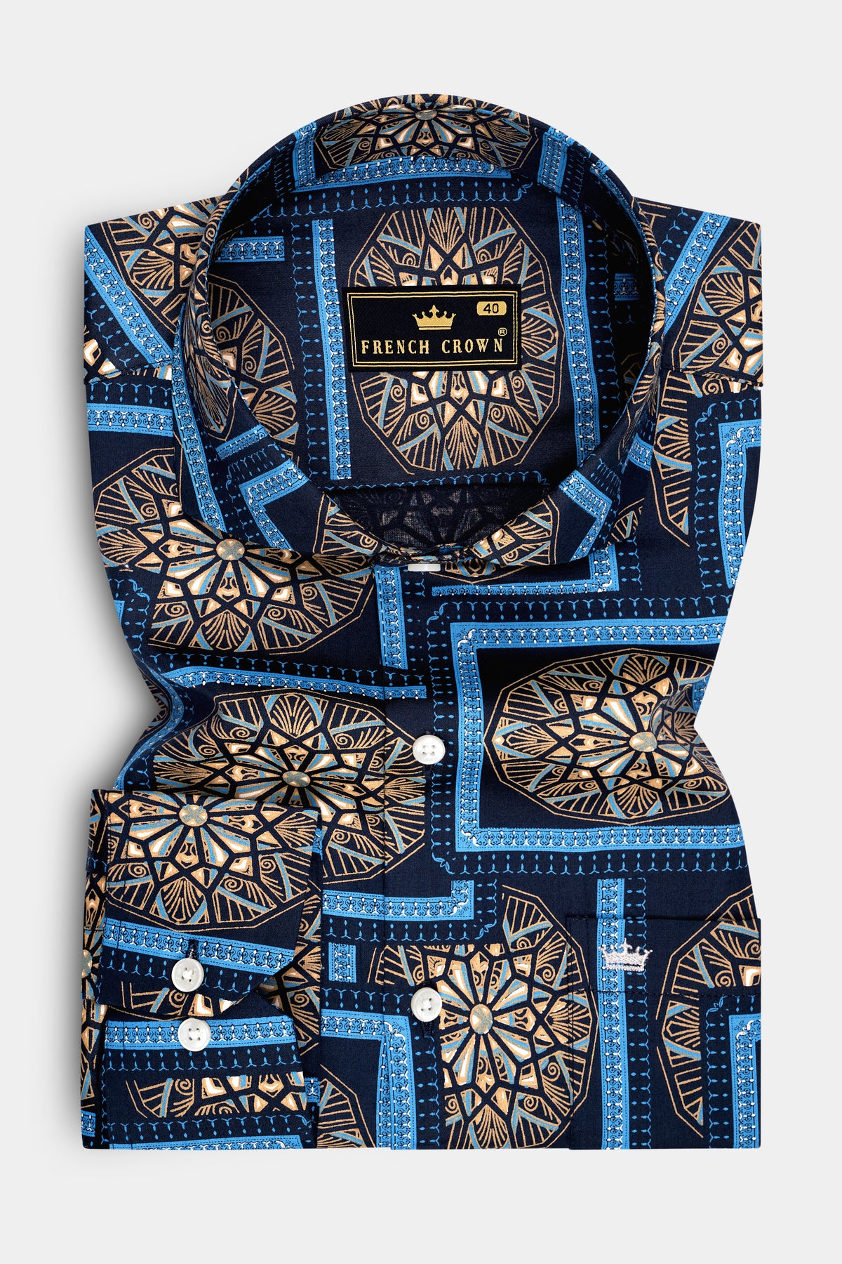 Mandal-Mirage Blue And Tan Brown Multicolor Geometric Medallion Printed Subtle Sheen Super Soft Premium Cotton Cut Away Casual Shirt
