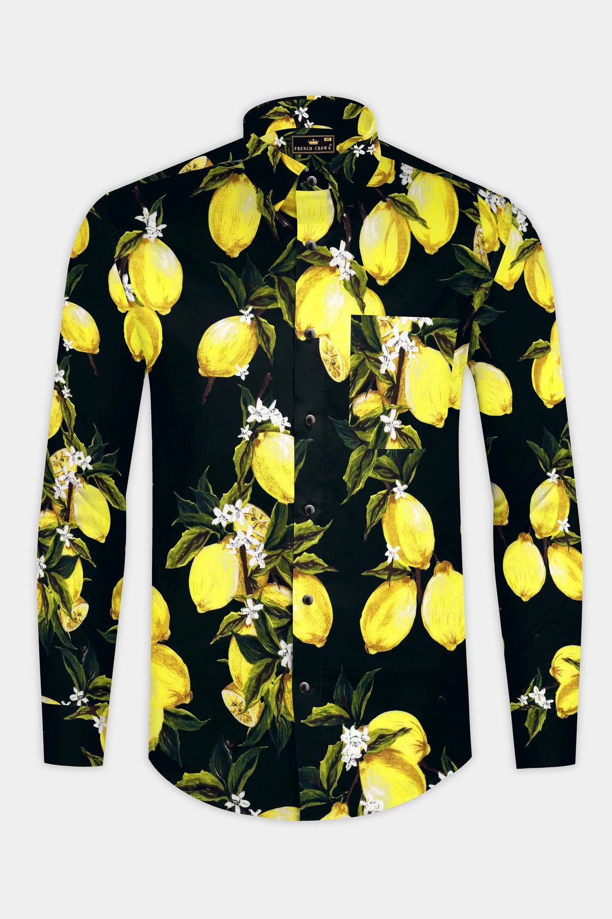 Citrina-Jade Black And Daffodil Yellow Lemon Floral Printed Poplin Giza Cotton Casual Shirt