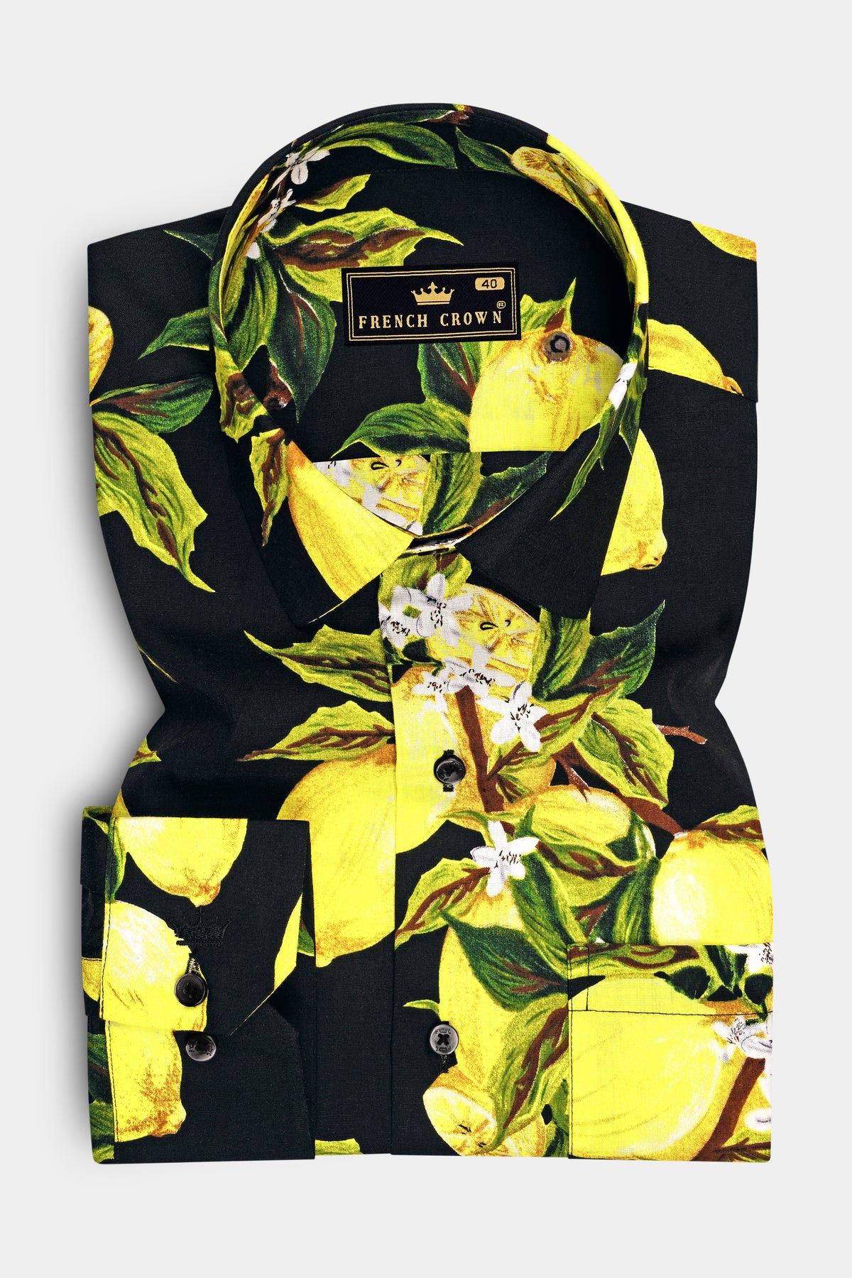 Citrina-Jade Black And Daffodil Yellow Lemon Floral Printed Poplin Giza Cotton Casual Shirt