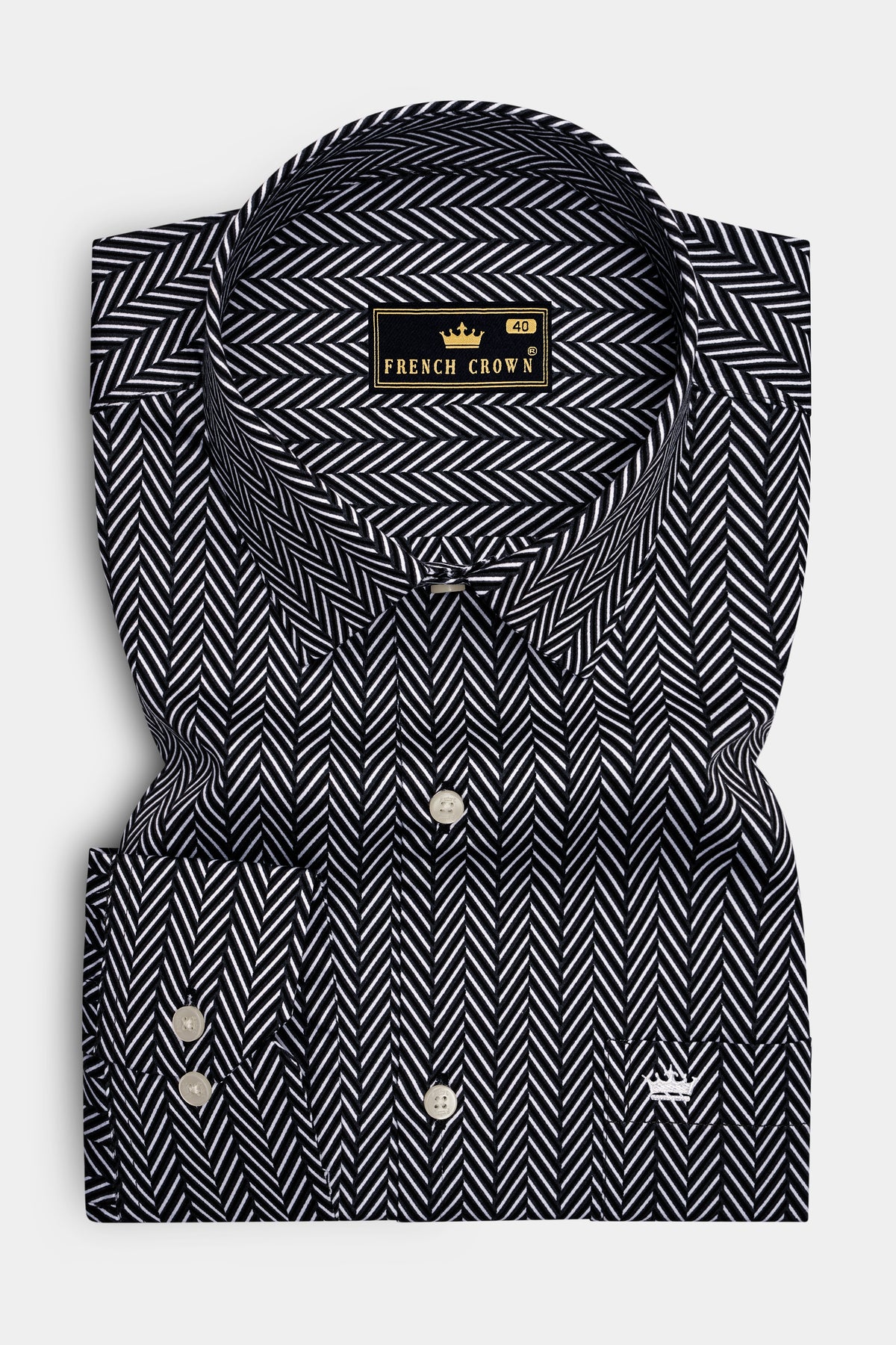 Noire-Jade Black And Bright White Herringbone Printed Subtle Sheen Super Soft Premium Cotton Casual Shirt