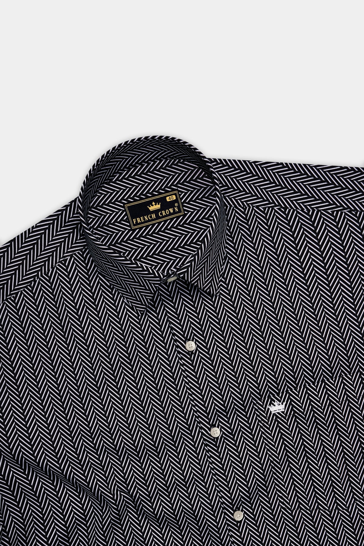 Noire-Jade Black And Bright White Herringbone Printed Subtle Sheen Super Soft Premium Cotton Casual Shirt