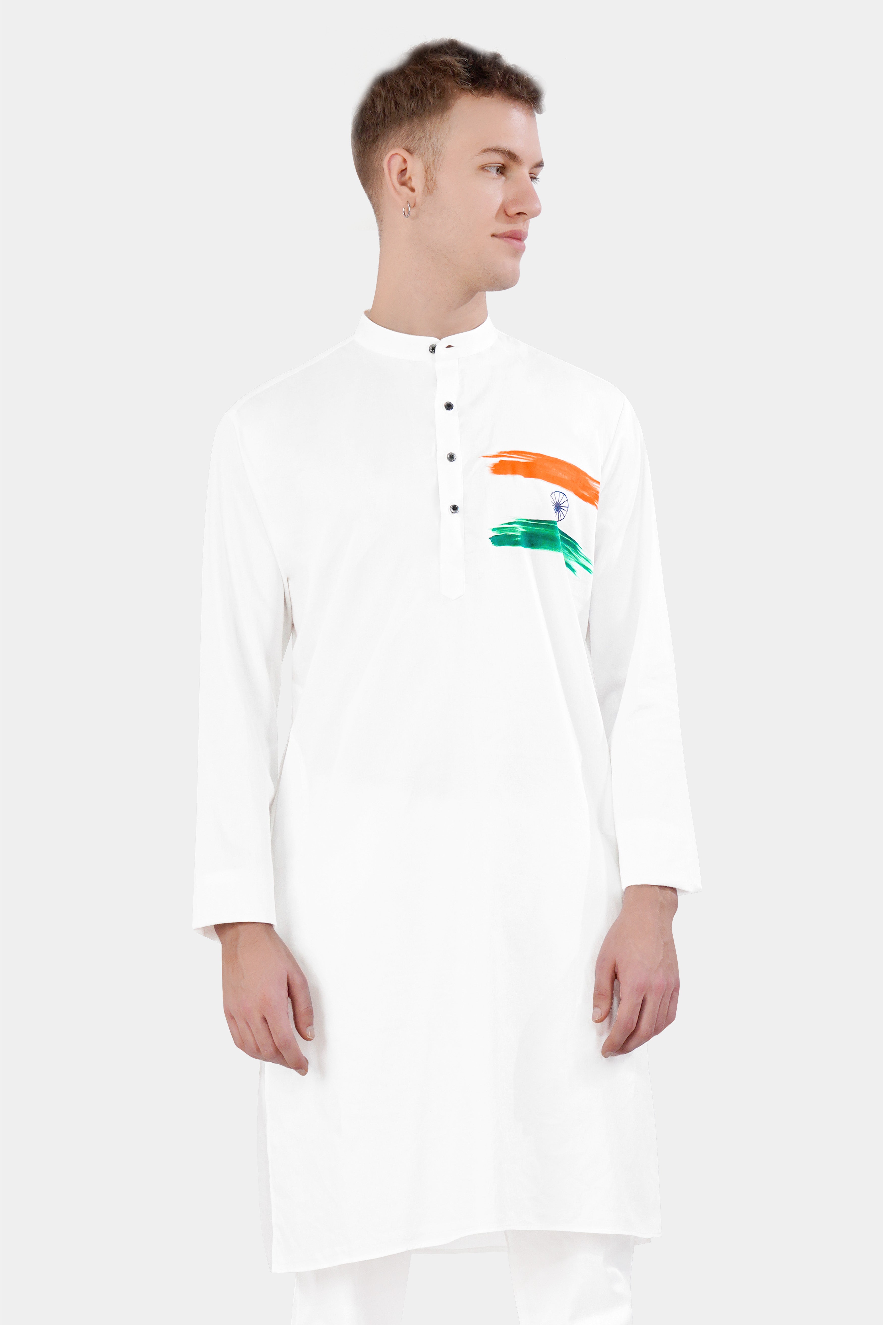 Bright White Tricolour Hand Painted Subtle Sheen Super Soft Premium Cotton Designer Kurta