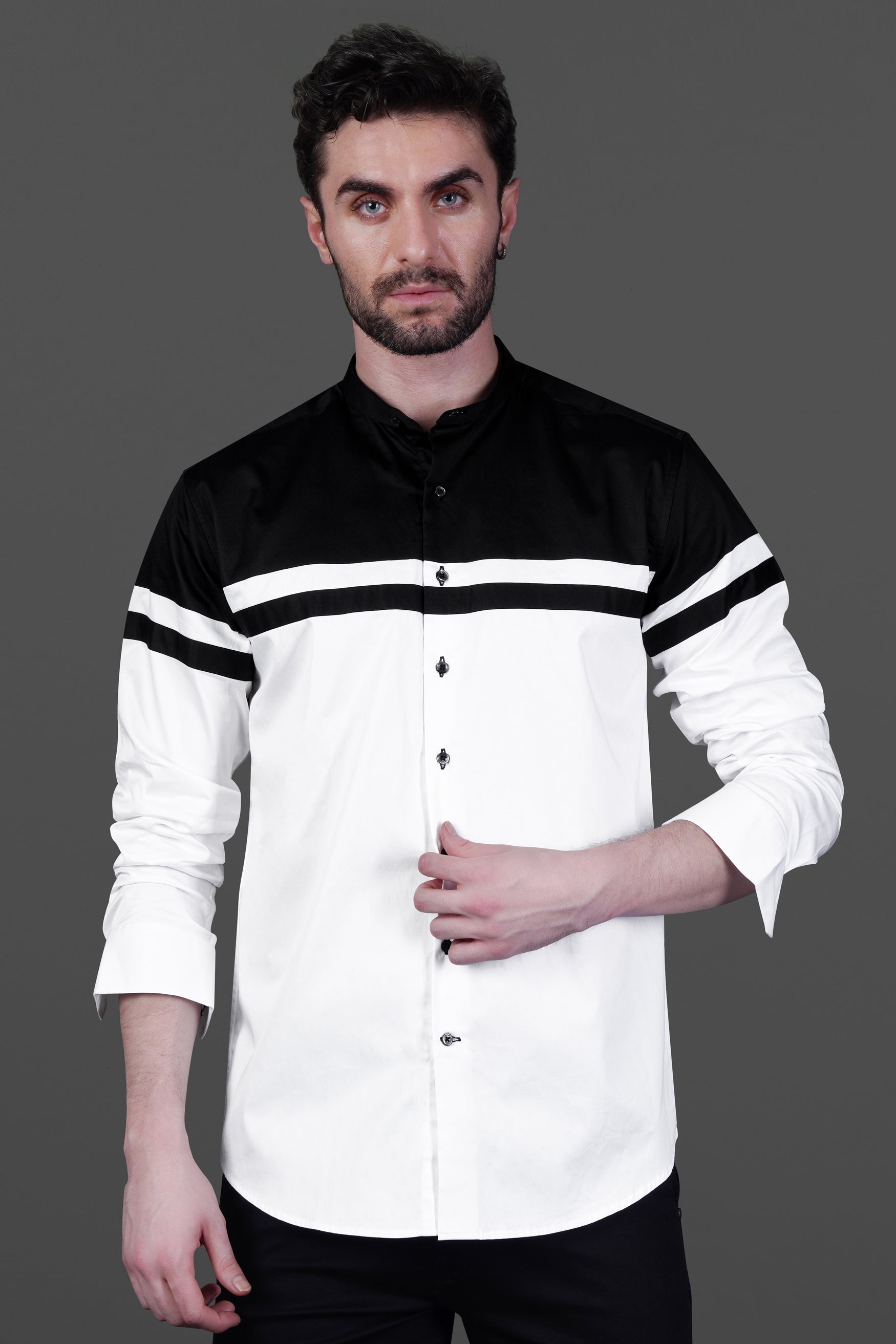Bright White Subtle Sheen with Jade Black Chest Patch Patterned Super Soft Giza Cotton Shirt